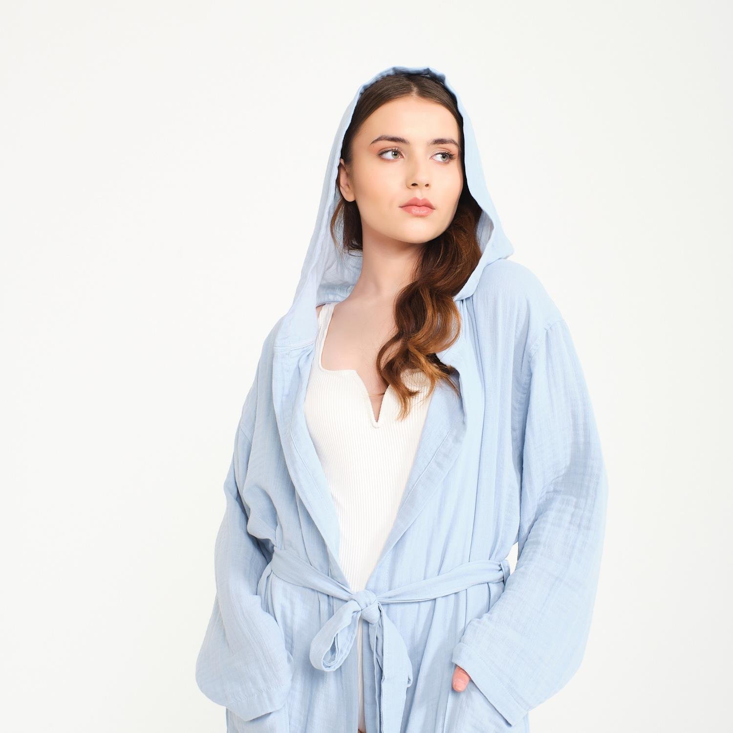 Müslin Bornoz - Pamuklu Kapüşonlu Uzun Kadın Müslin Bornoz Plaj - Miespiga