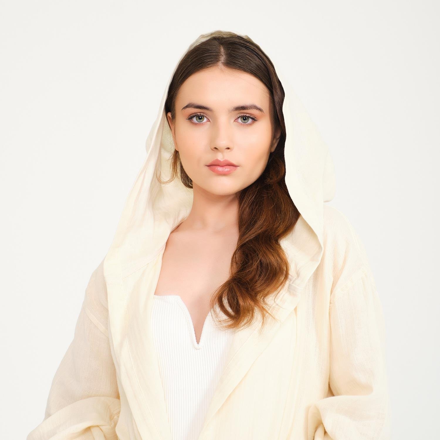 Müslin Bornoz - Pamuklu Kapüşonlu Uzun Kadın Müslin Bornoz Plaj - Miespiga