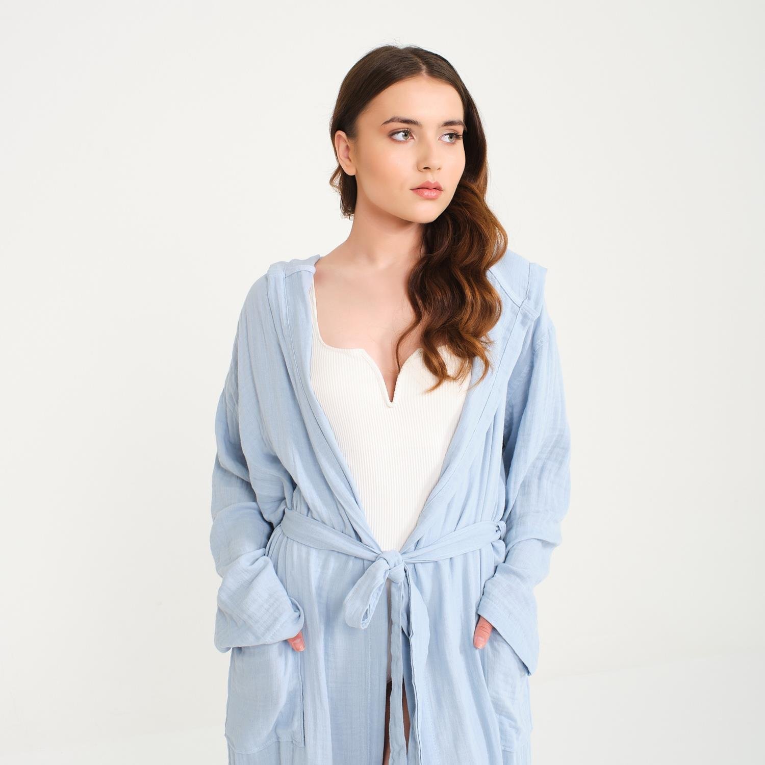 Müslin Bornoz - Pamuklu Kapüşonlu Uzun Kadın Müslin Bornoz Plaj - Miespiga