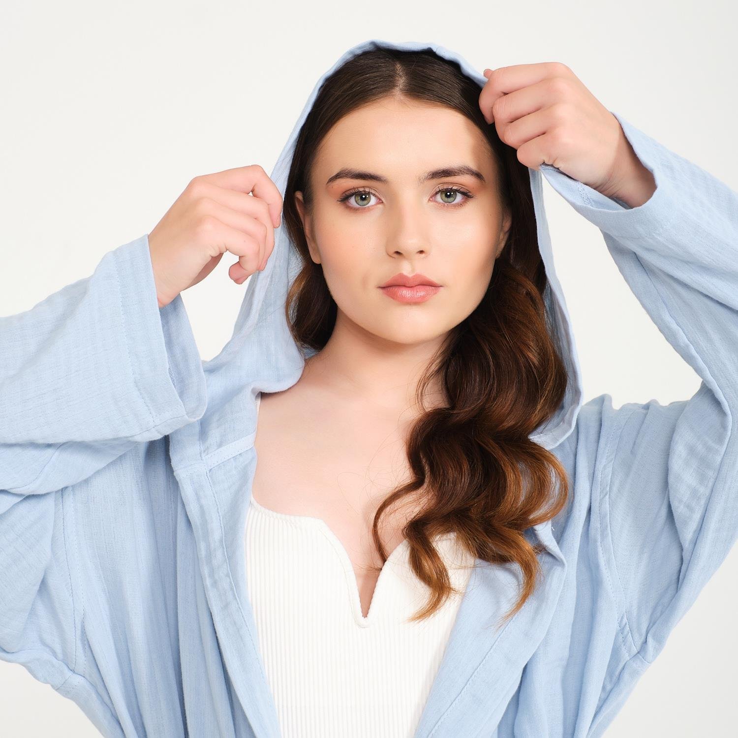 Müslin Bornoz - Pamuklu Kapüşonlu Uzun Kadın Müslin Bornoz Plaj - Miespiga