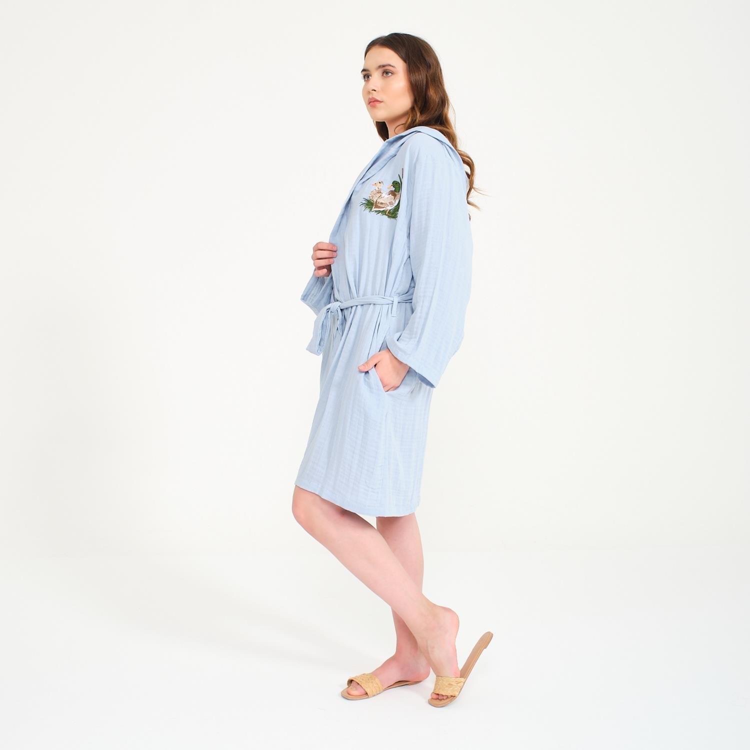 Müslin Bornoz - Pamuklu Kısa Kapüşonlu Kadın Müslin Bornoz - Miespiga