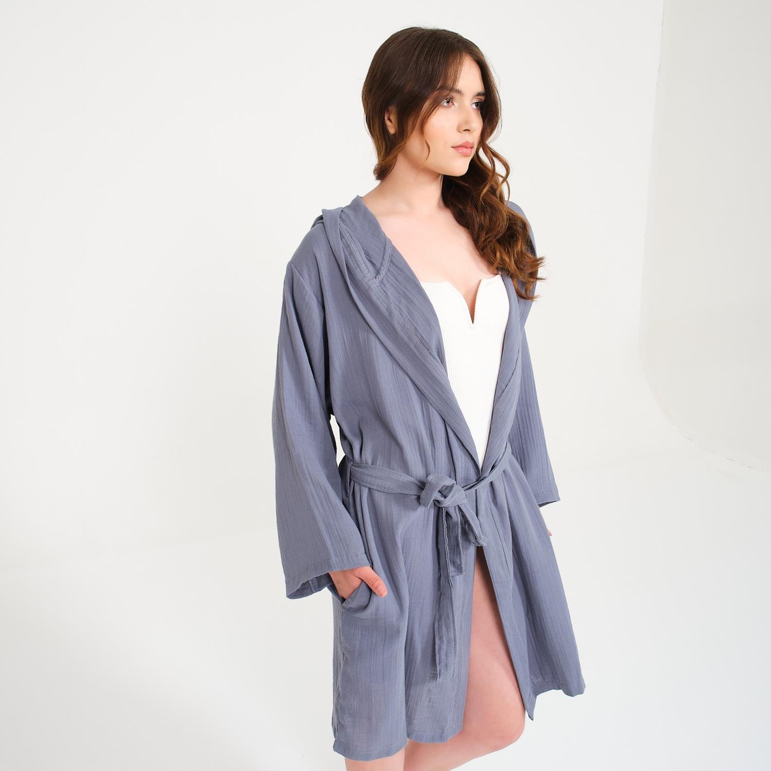 Müslin Bornoz - Pamuklu Kısa Kapüşonlu Kadın Müslin Bornoz - Miespiga