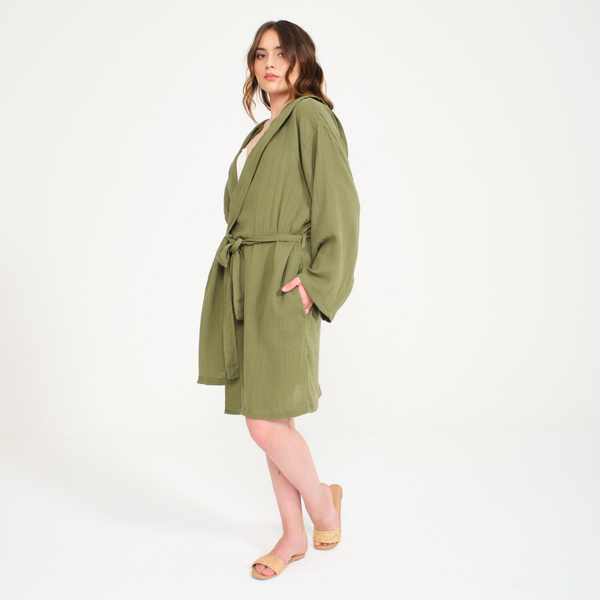 Müslin Bornoz - Pamuklu Kısa Kapüşonlu Kadın Müslin Bornoz - Miespiga