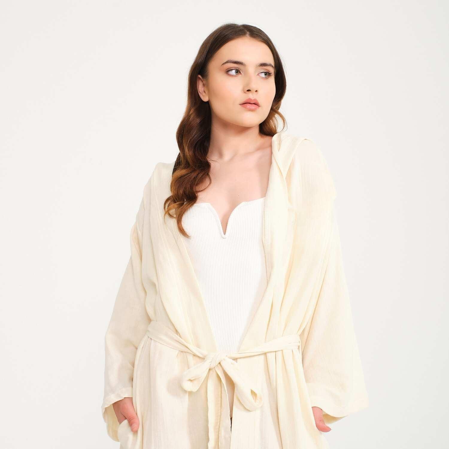 Müslin Bornoz - Pamuklu Kısa Kapüşonlu Kadın Müslin Bornoz - Miespiga