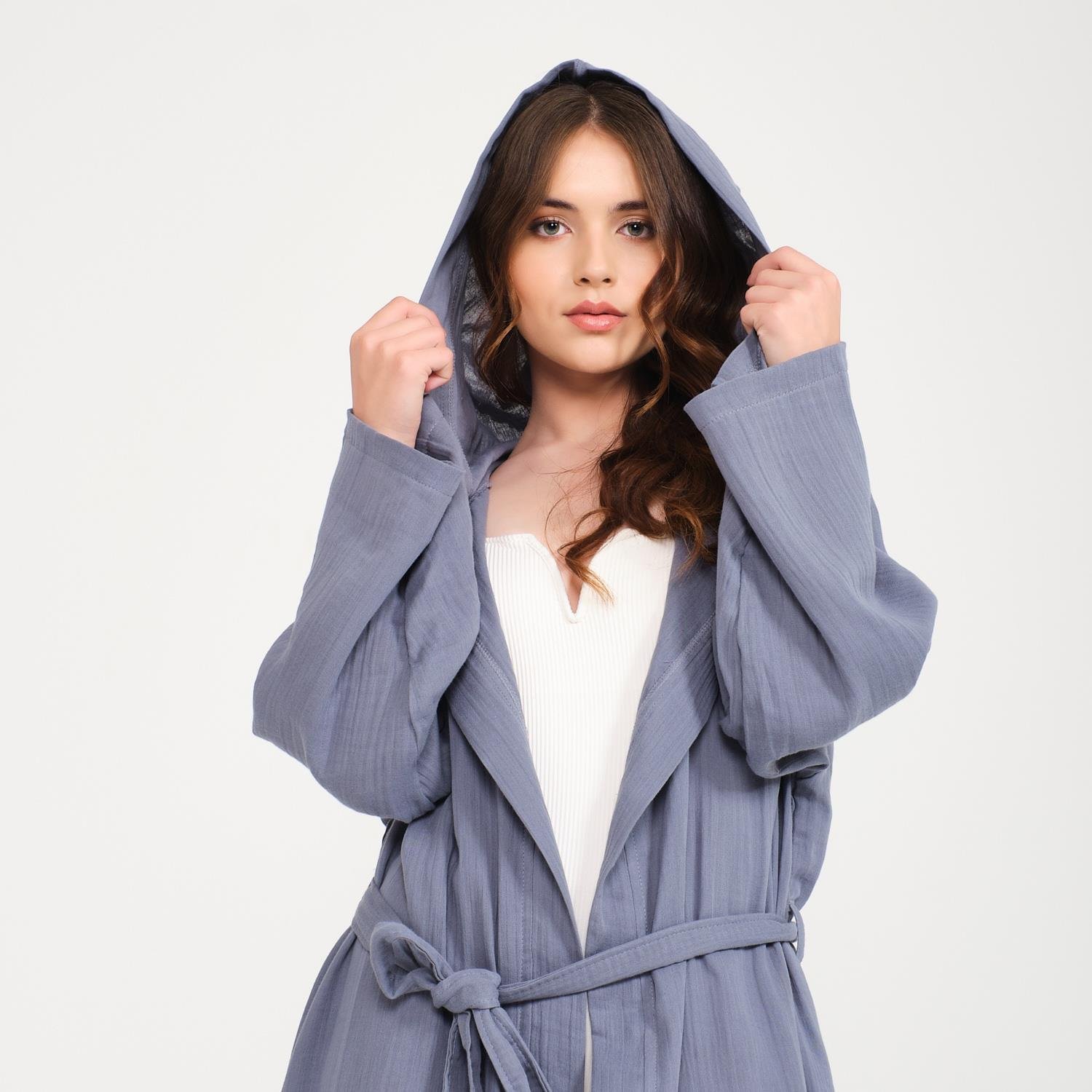 Müslin Bornoz - Pamuklu Kısa Kapüşonlu Kadın Müslin Bornoz - Miespiga