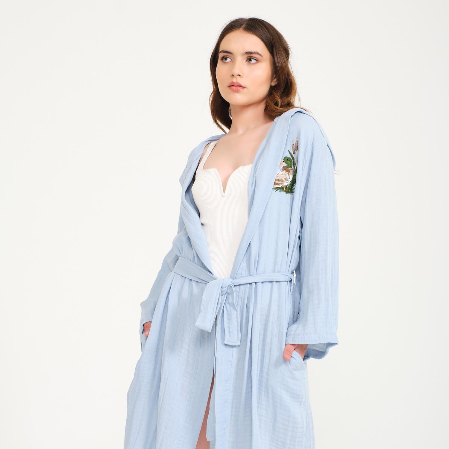 Müslin Bornoz - Pamuklu Kısa Kapüşonlu Kadın Müslin Bornoz - Miespiga