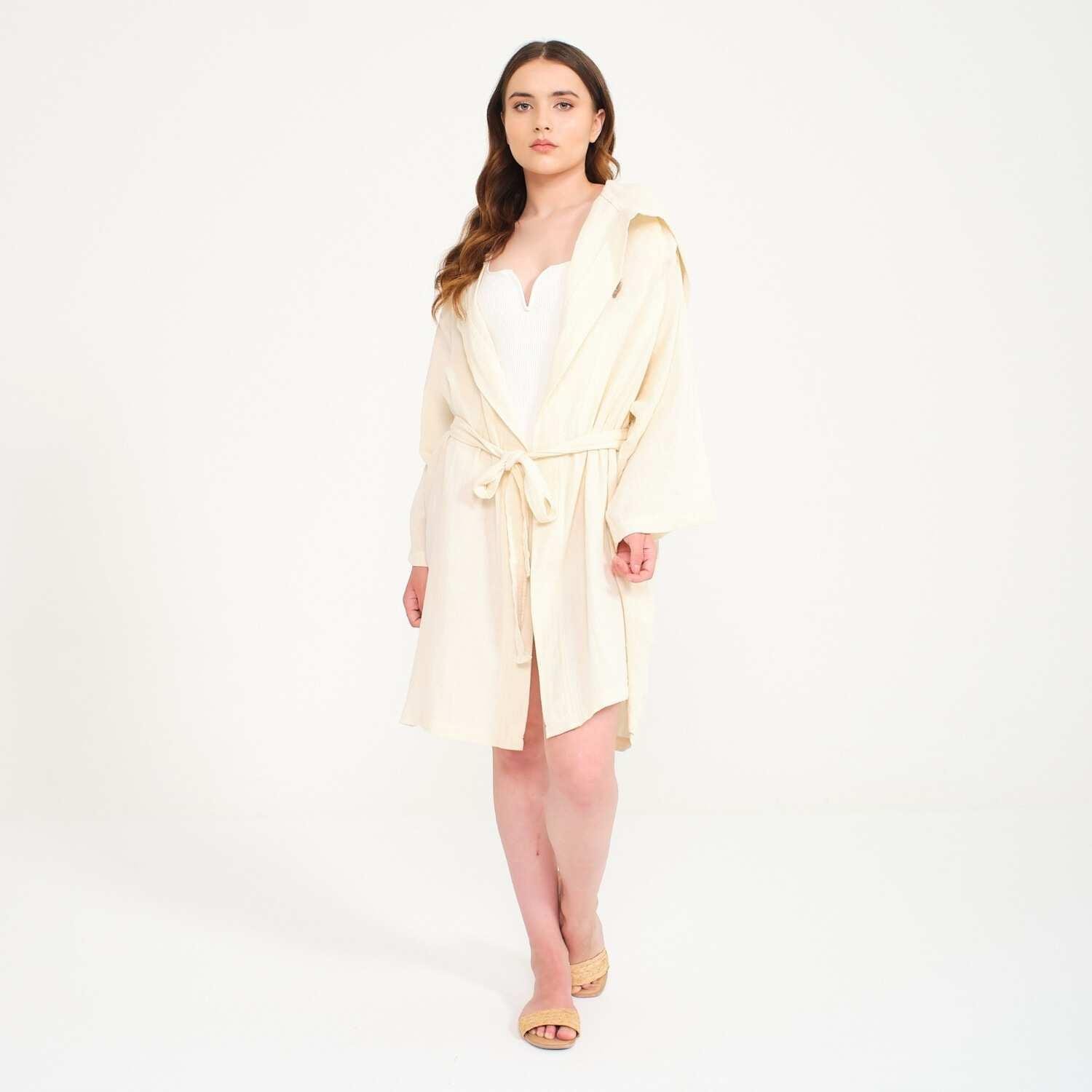 Müslin Bornoz - Pamuklu Kısa Kapüşonlu Kadın Müslin Bornoz - Miespiga