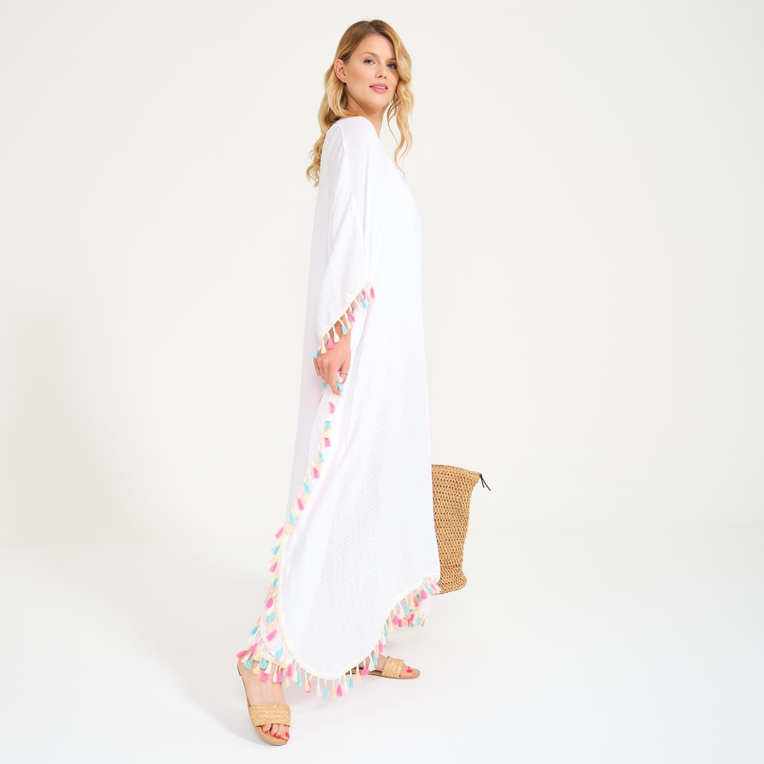 Plaj Elbisesi - Püskül Detaylı V Yaka Uzun Plaj Elbisesi - Miespiga