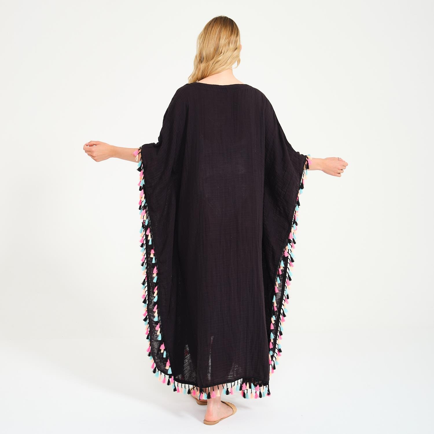 Plaj Elbisesi - Püskül Detaylı V Yaka Uzun Plaj Elbisesi - Miespiga