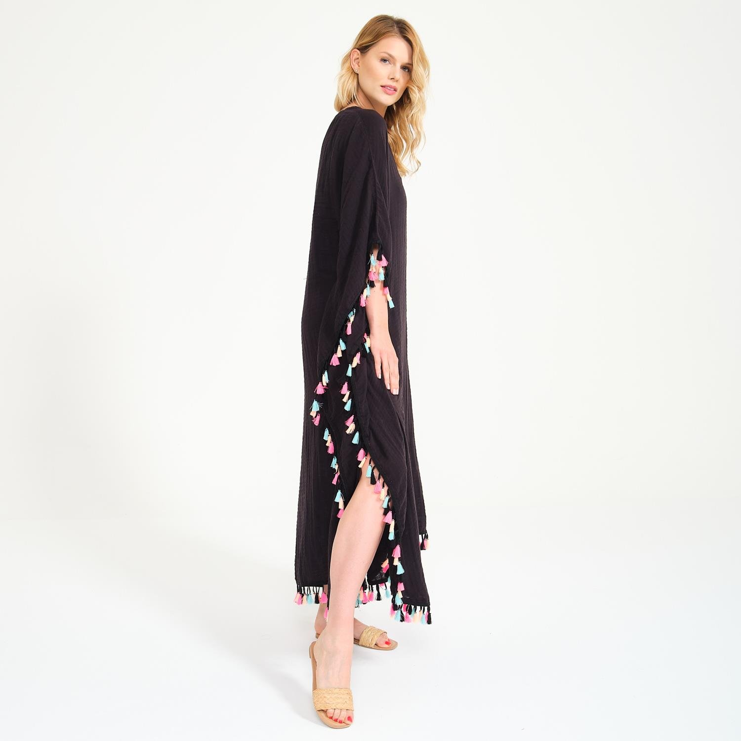 Plaj Elbisesi - Püskül Detaylı V Yaka Uzun Plaj Elbisesi - Miespiga