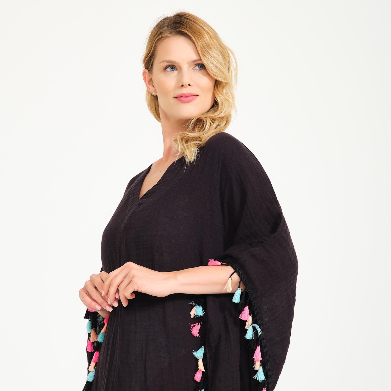 Plaj Elbisesi - Püskül Detaylı V Yaka Uzun Plaj Elbisesi - Miespiga