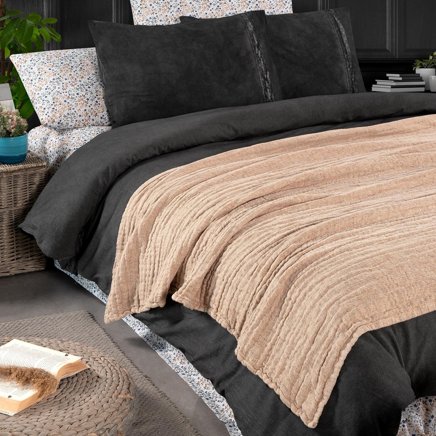 Koltuk Şalı - Rustik Keten Çift Taraflı Yumuşak Elyaf Dolgulu Nefes Alabilen Dört Mevsim Throw Koltuk Şalı 140x190 cm - Miespiga