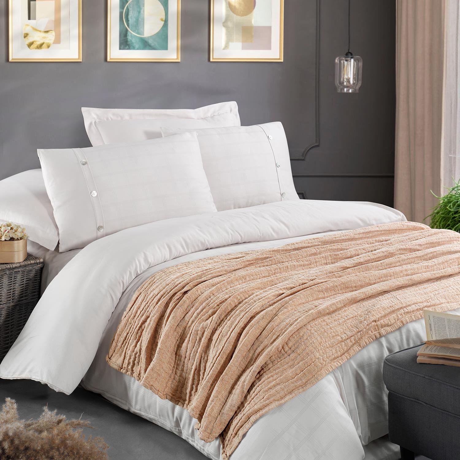 Koltuk Şalı - Rustik Keten Çift Taraflı Yumuşak Elyaf Dolgulu Nefes Alabilen Dört Mevsim Throw Koltuk Şalı 140x190 cm - Miespiga