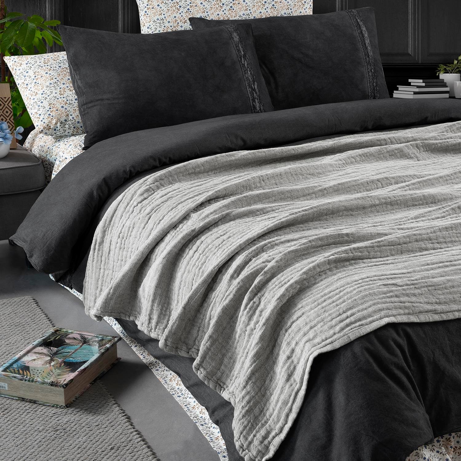 Koltuk Şalı - Rustik Keten Çift Taraflı Yumuşak Elyaf Dolgulu Nefes Alabilen Dört Mevsim Throw Koltuk Şalı 140x190 cm - Miespiga