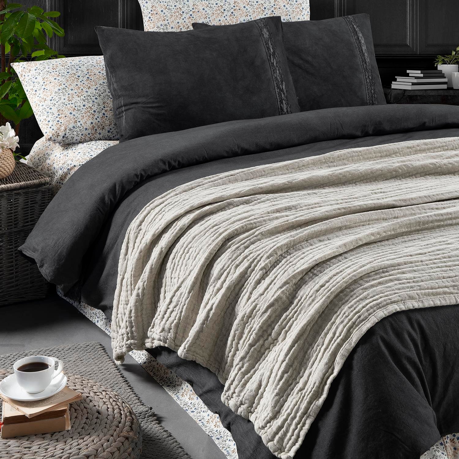 Koltuk Şalı - Rustik Keten Çift Taraflı Yumuşak Elyaf Dolgulu Nefes Alabilen Dört Mevsim Throw Koltuk Şalı 140x190 cm - Miespiga