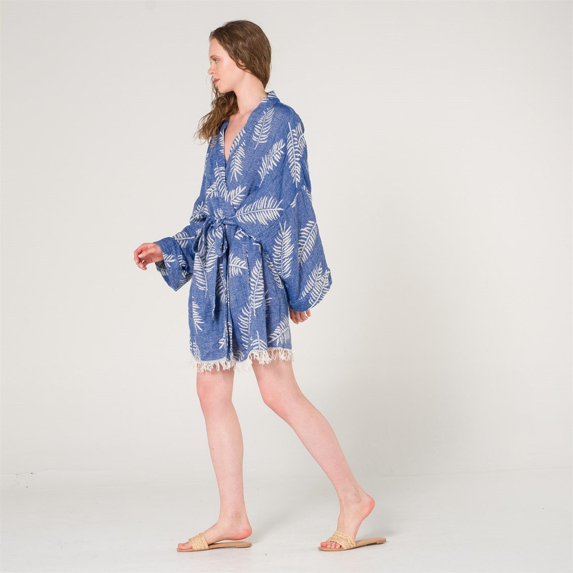 Kimono - Yaprak Desenli Kadın Peştemal Plaj Kimono Sabahlık - Miespiga