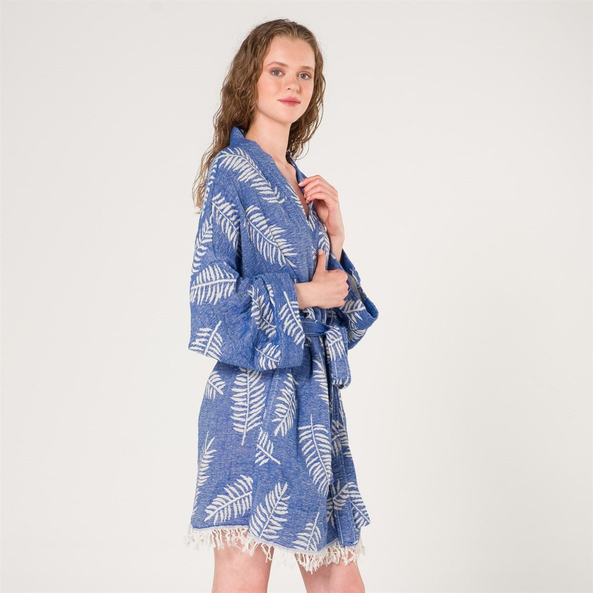 Kimono - Yaprak Desenli Kadın Peştemal Plaj Kimono Sabahlık - Miespiga