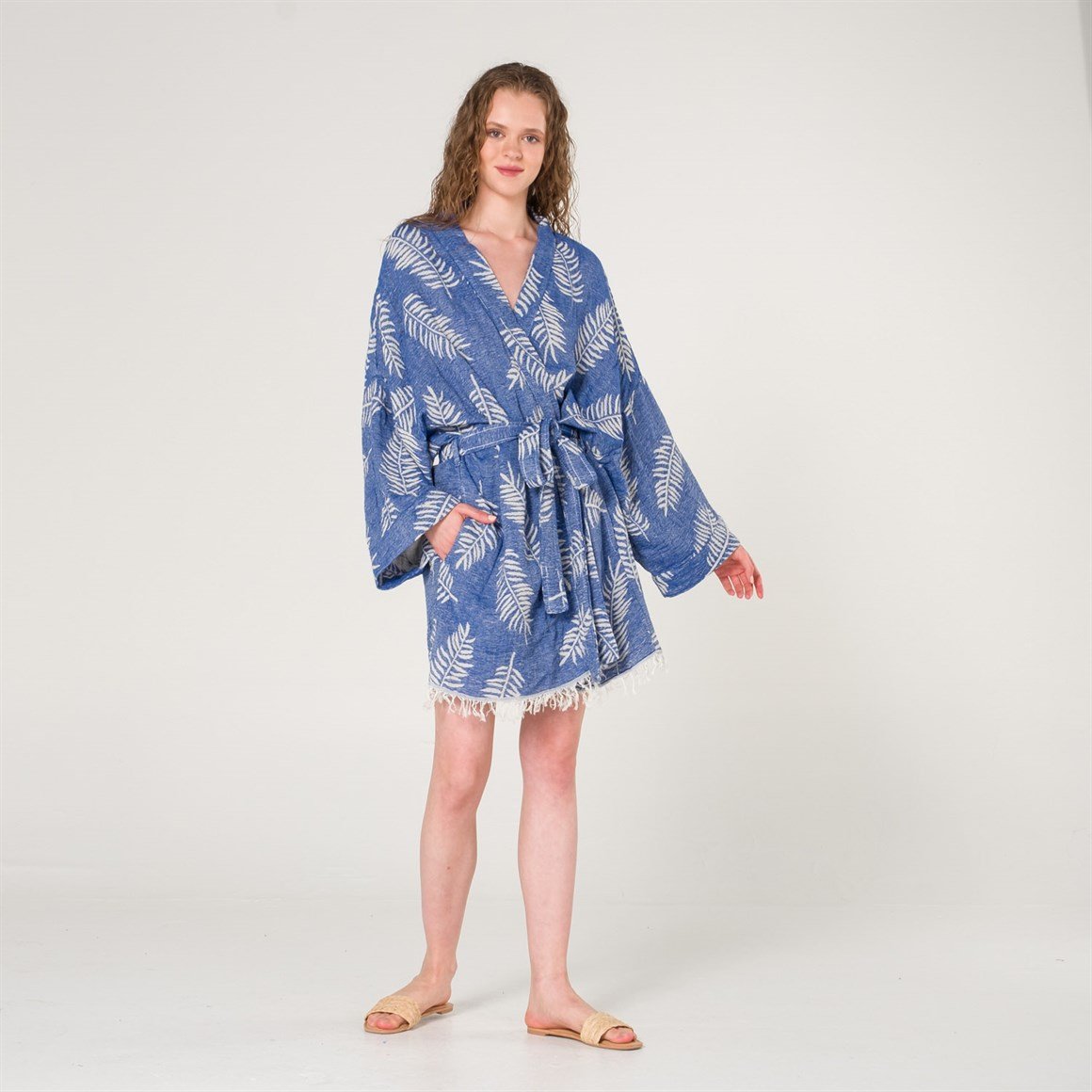 Kimono - Yaprak Desenli Kadın Peştemal Plaj Kimono Sabahlık - Miespiga