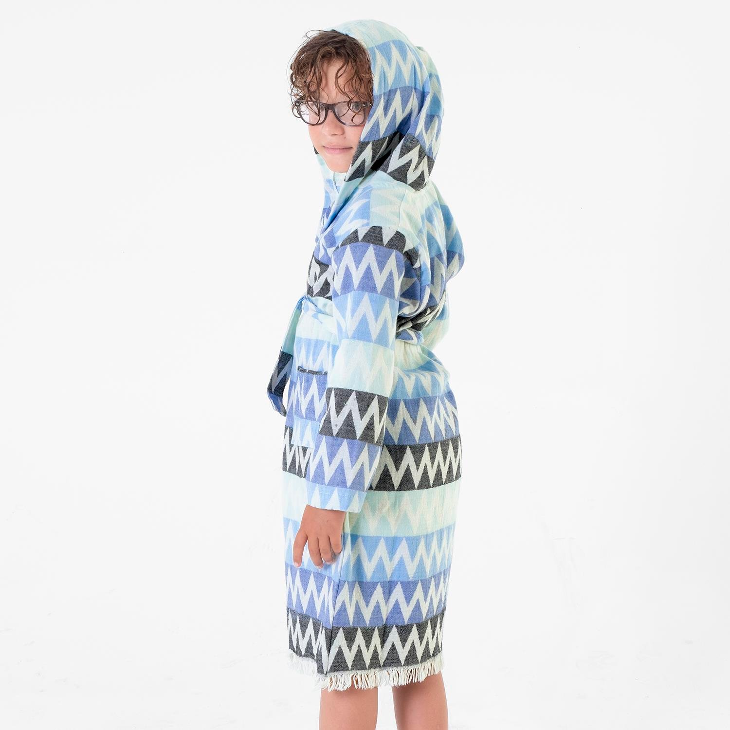 Peştamal Bornoz - Zigzag Desenli Çocuk Peştemal Plaj Bornozu - Miespiga