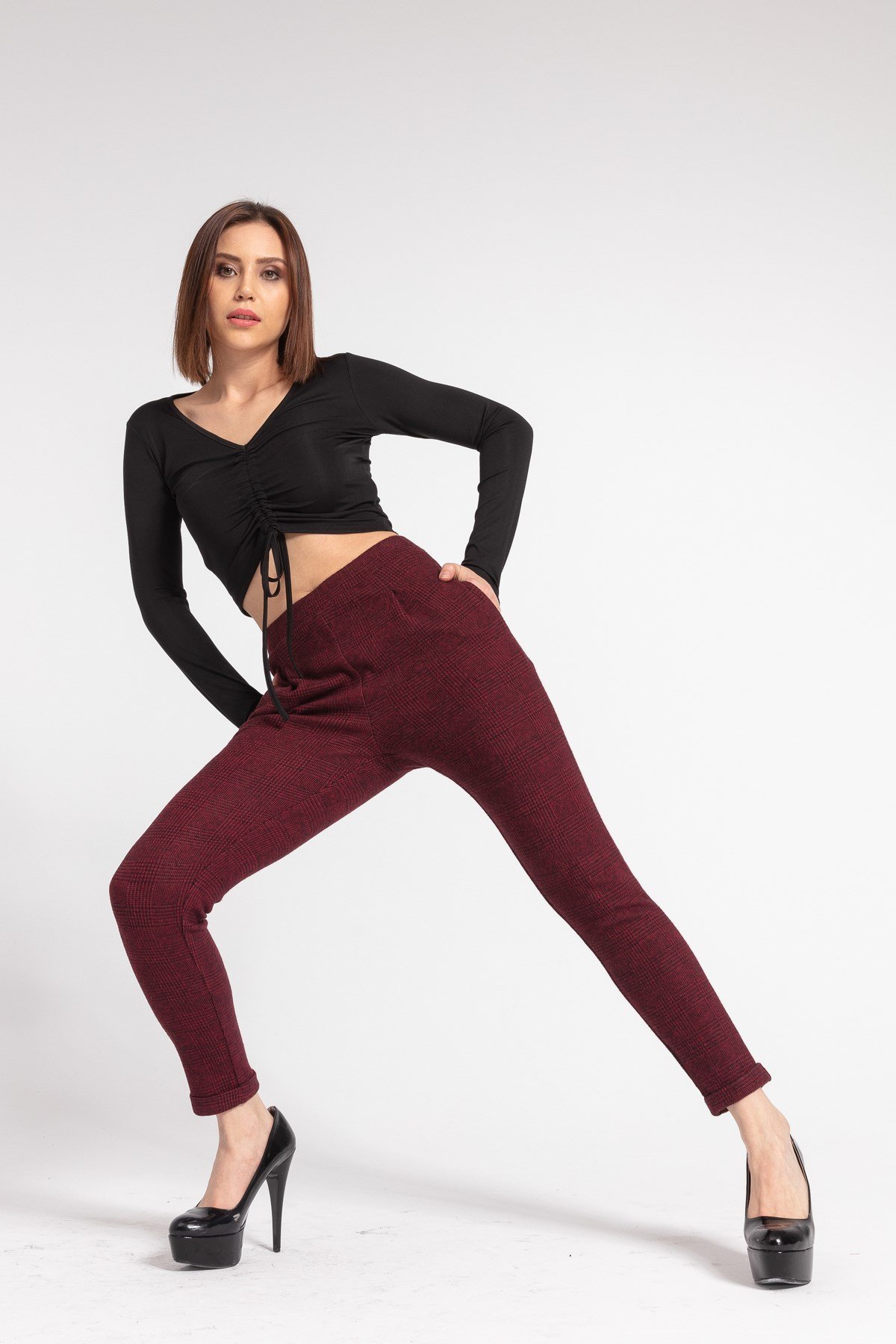 JUMENTCepli Desenli Yüksek Bel Rahat Kışlık Pantolon-Bordo Ekose