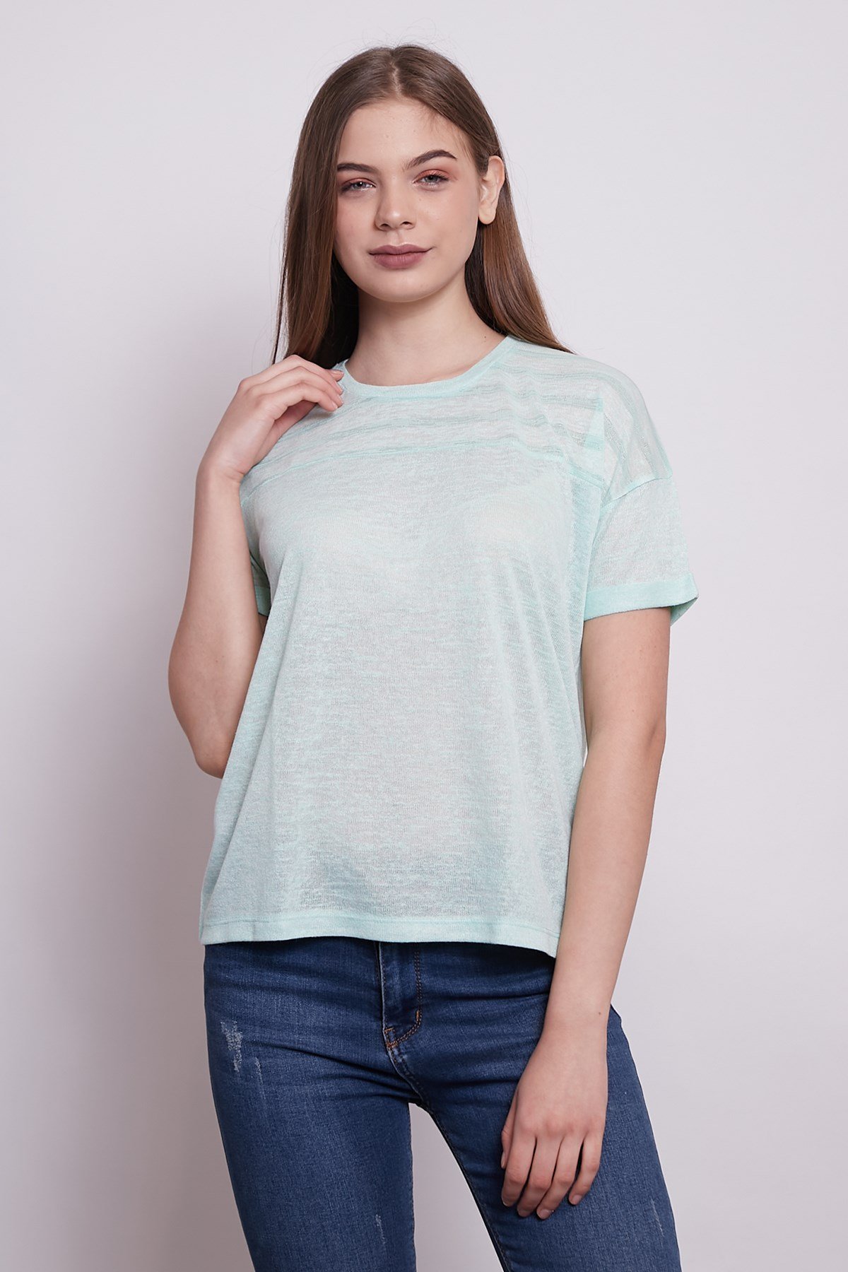 JUMENTGeniş Sıfır Yaka Düşük Omuz Duble Kol Bluz -Mint Çizgi