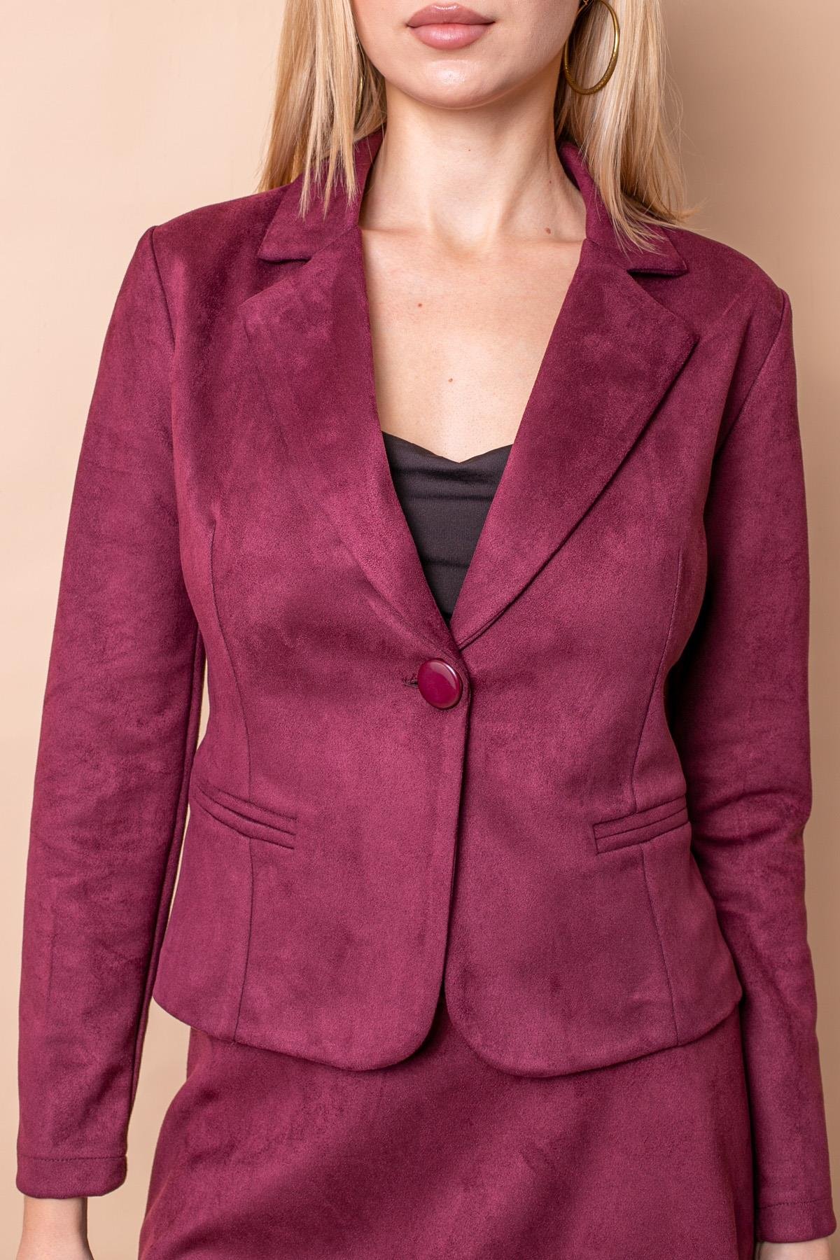 JUMENTHafif Likralı Süet Kumaş Flato Cepli Uzun Kol Kısa Blazer Ceket-Bordo 