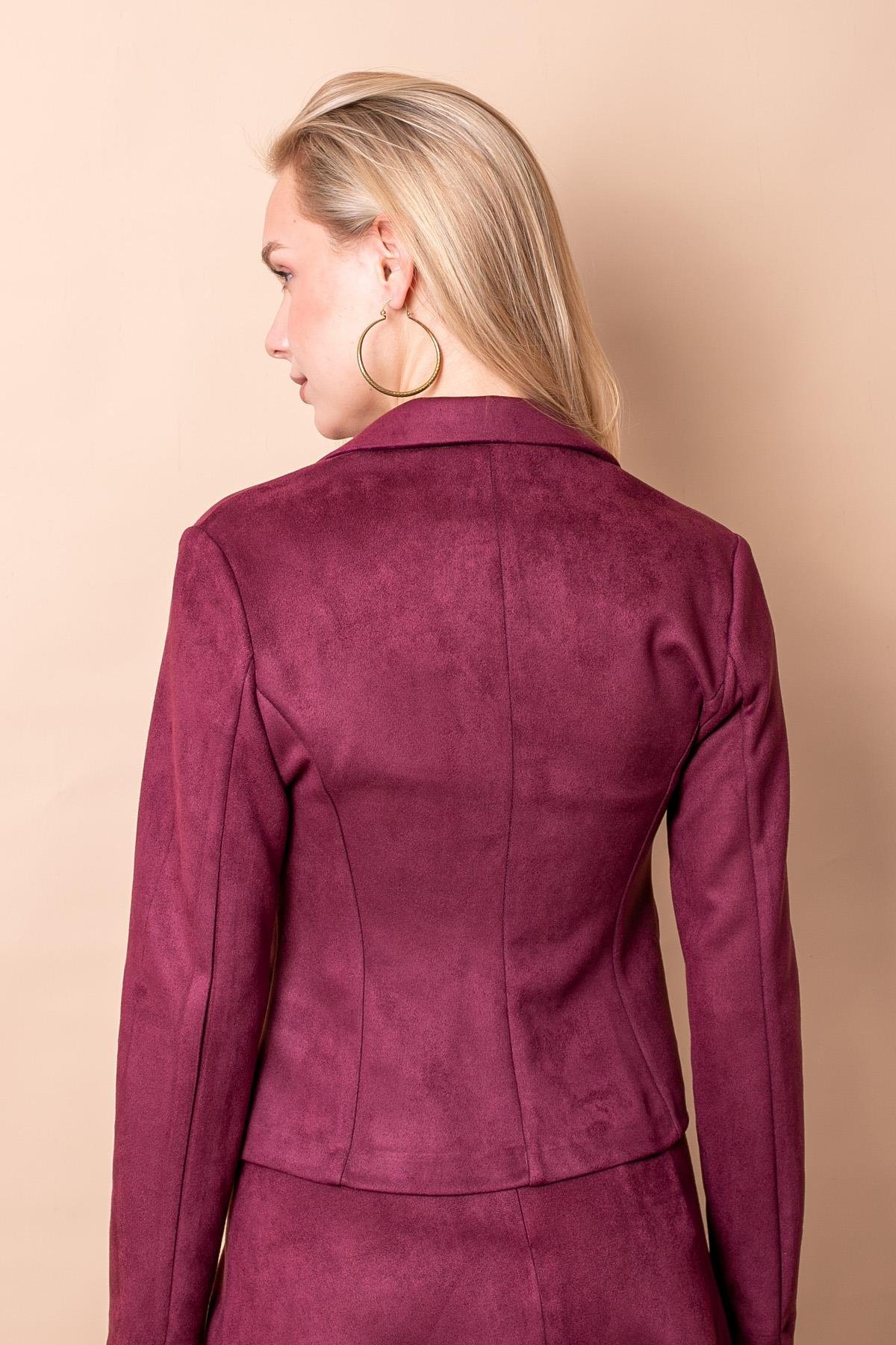 JUMENTHafif Likralı Süet Kumaş Flato Cepli Uzun Kol Kısa Blazer Ceket-Bordo 