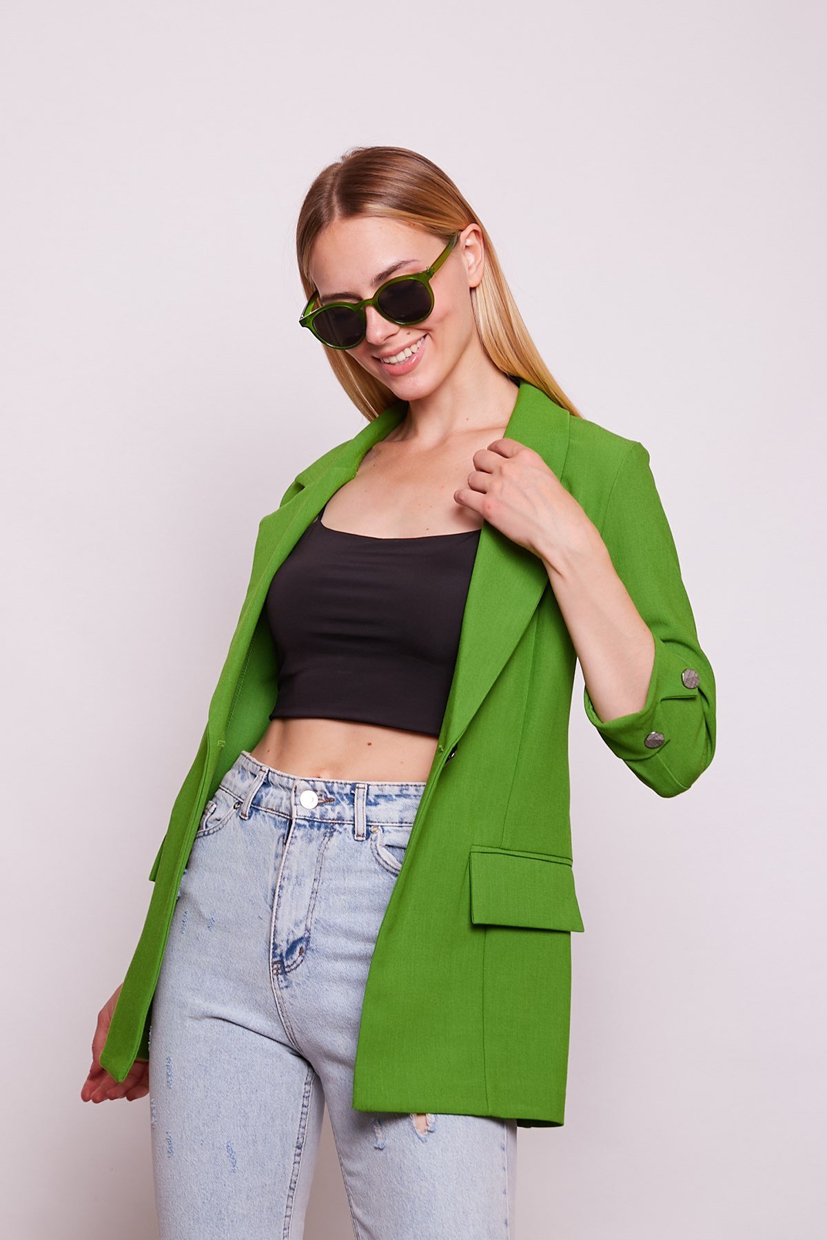 JUMENTkadın blazer metal düğme detaylı şık spor kumaş ceket