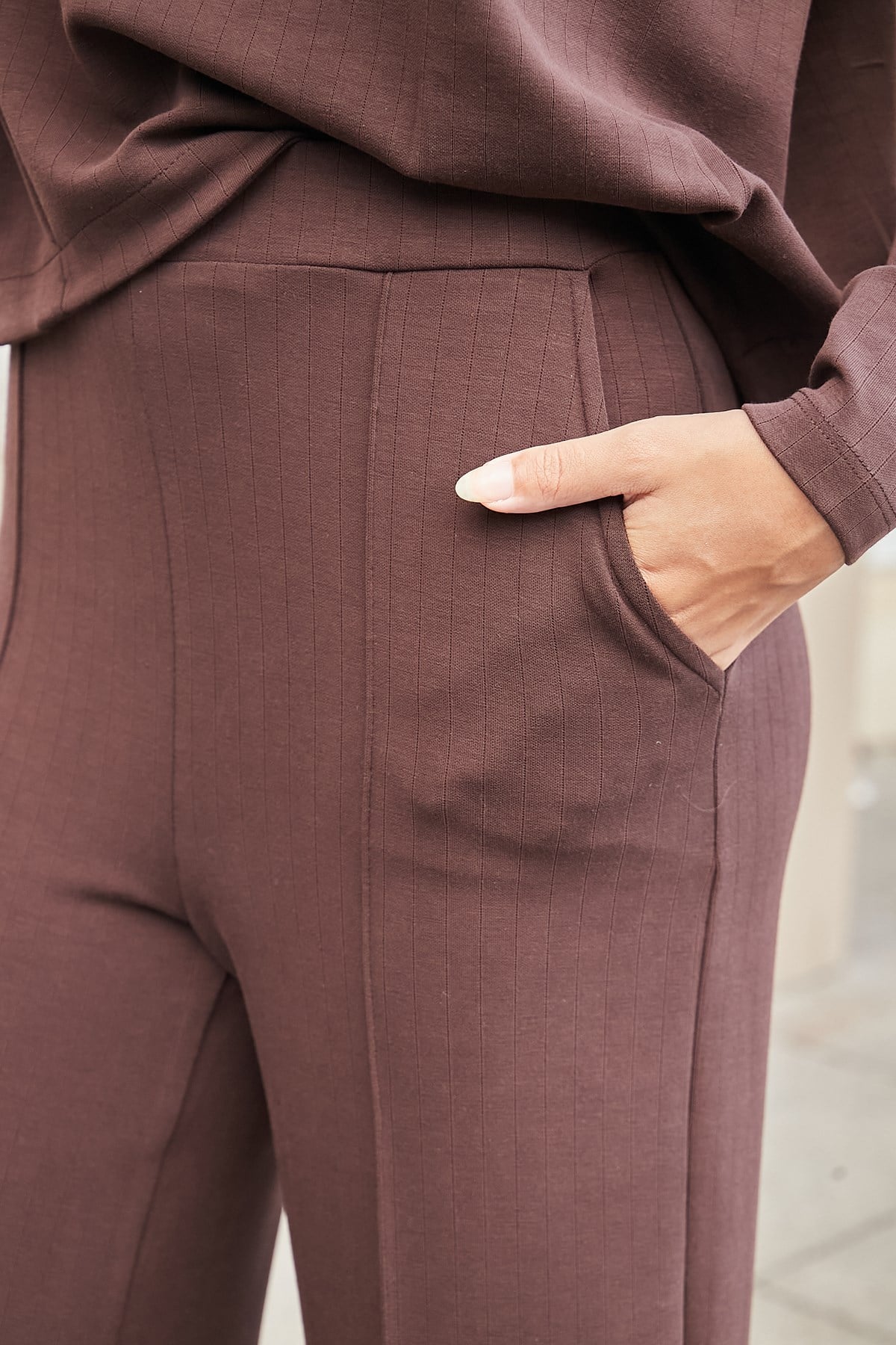 JUMENTKadın Fitilli Modal Yüksek Bel Yan Cepli Bol Paça Pantolon-Kahve 