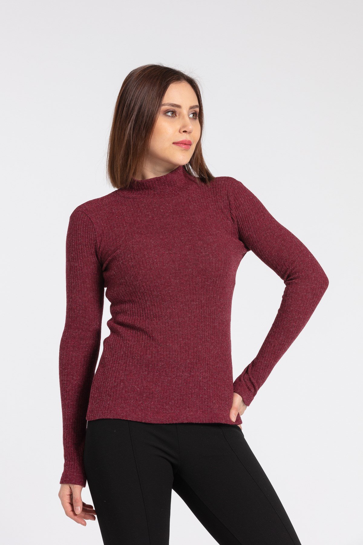 JUMENTKadın Fitilli Triko Yarım Balıkçı Bluz -Bordo 