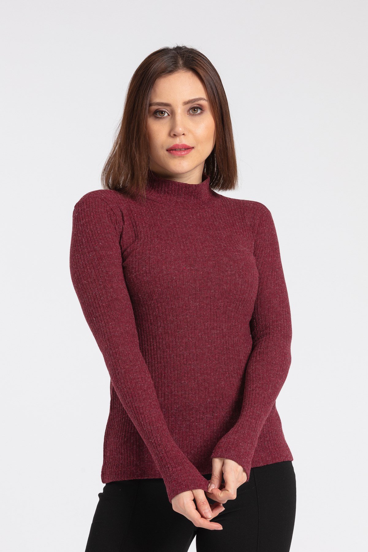 JUMENTKadın Fitilli Triko Yarım Balıkçı Bluz -Bordo 