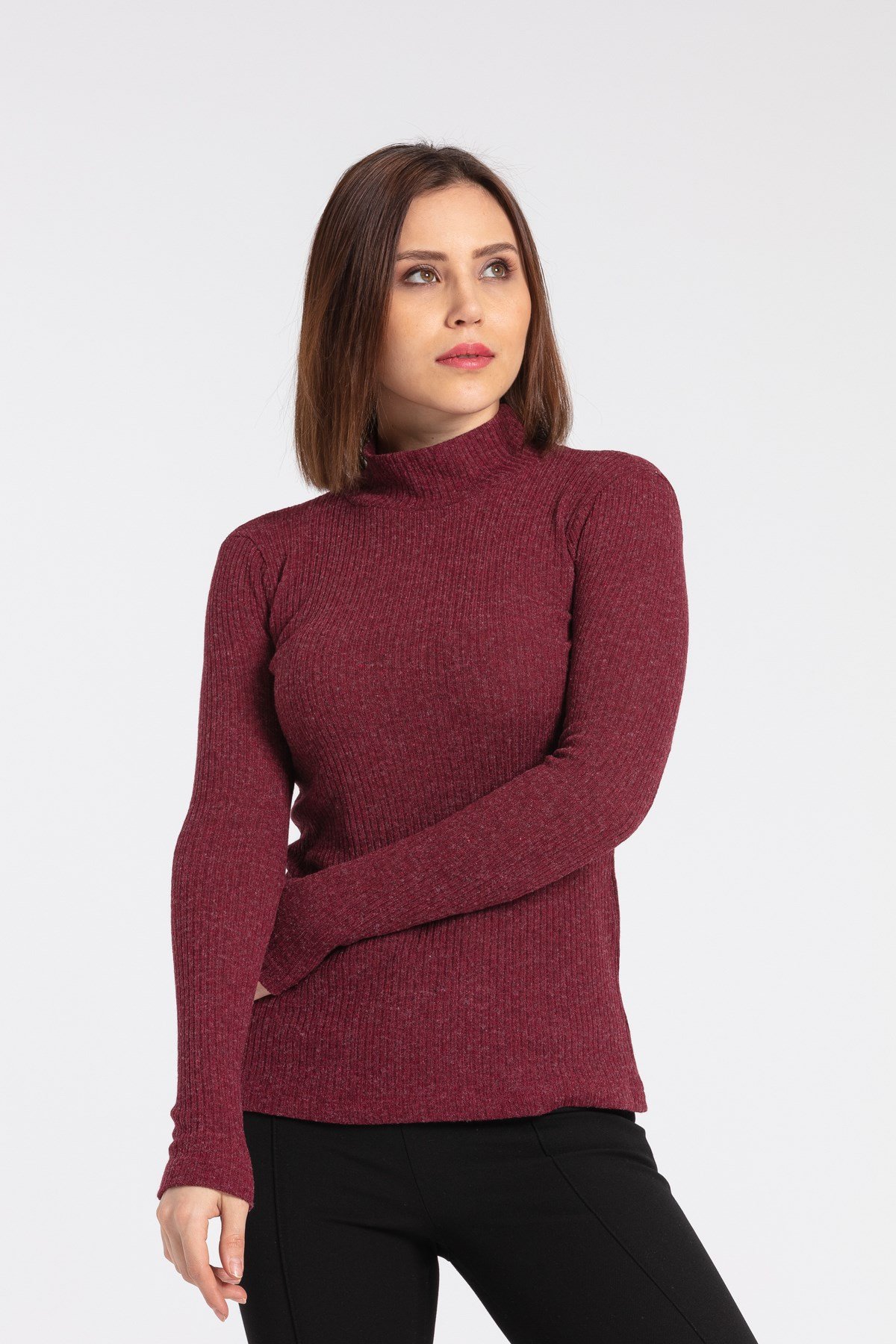 JUMENTKadın Fitilli Triko Yarım Balıkçı Bluz -Bordo 