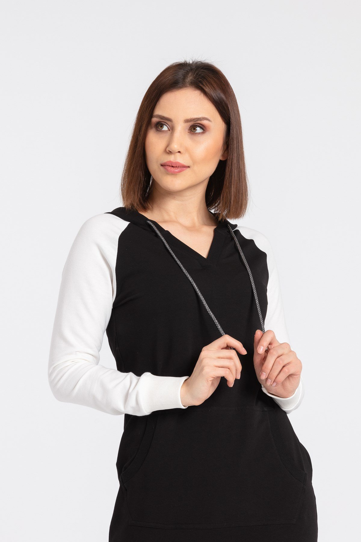 JUMENTKadın Kapşonlu Pamuklu Cepli Sweat Tunik Elbise -Siyah