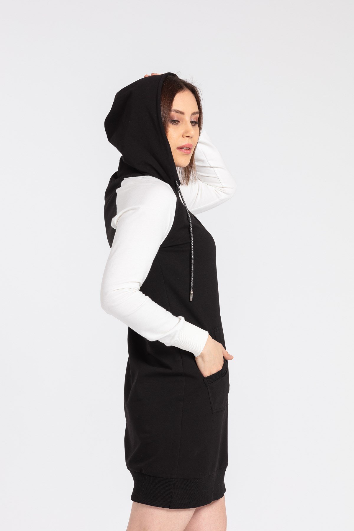 JUMENTKadın Kapşonlu Pamuklu Cepli Sweat Tunik Elbise -Siyah