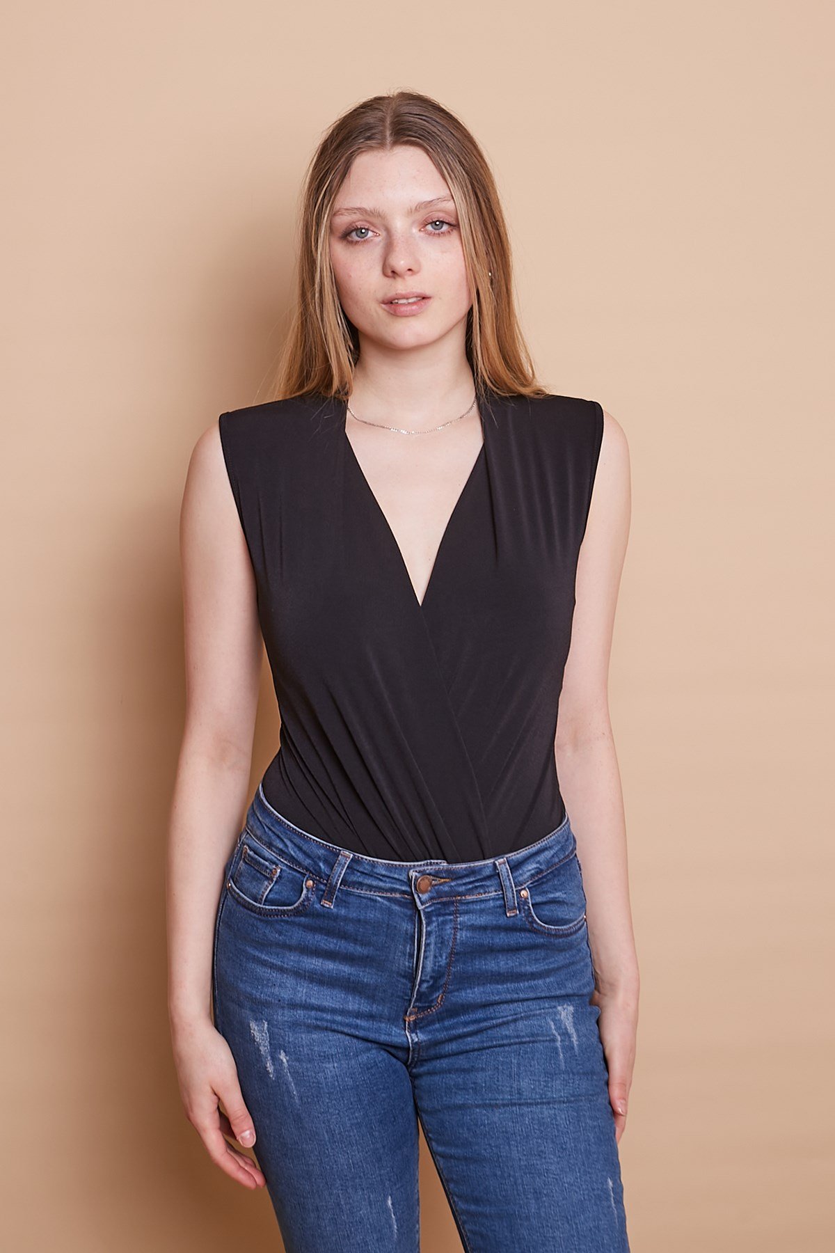 JUMENTkadın krep kumaş anvelop kruvaze kolu büzgülü kısa kol zıbınlı likralı bodysuit bluz