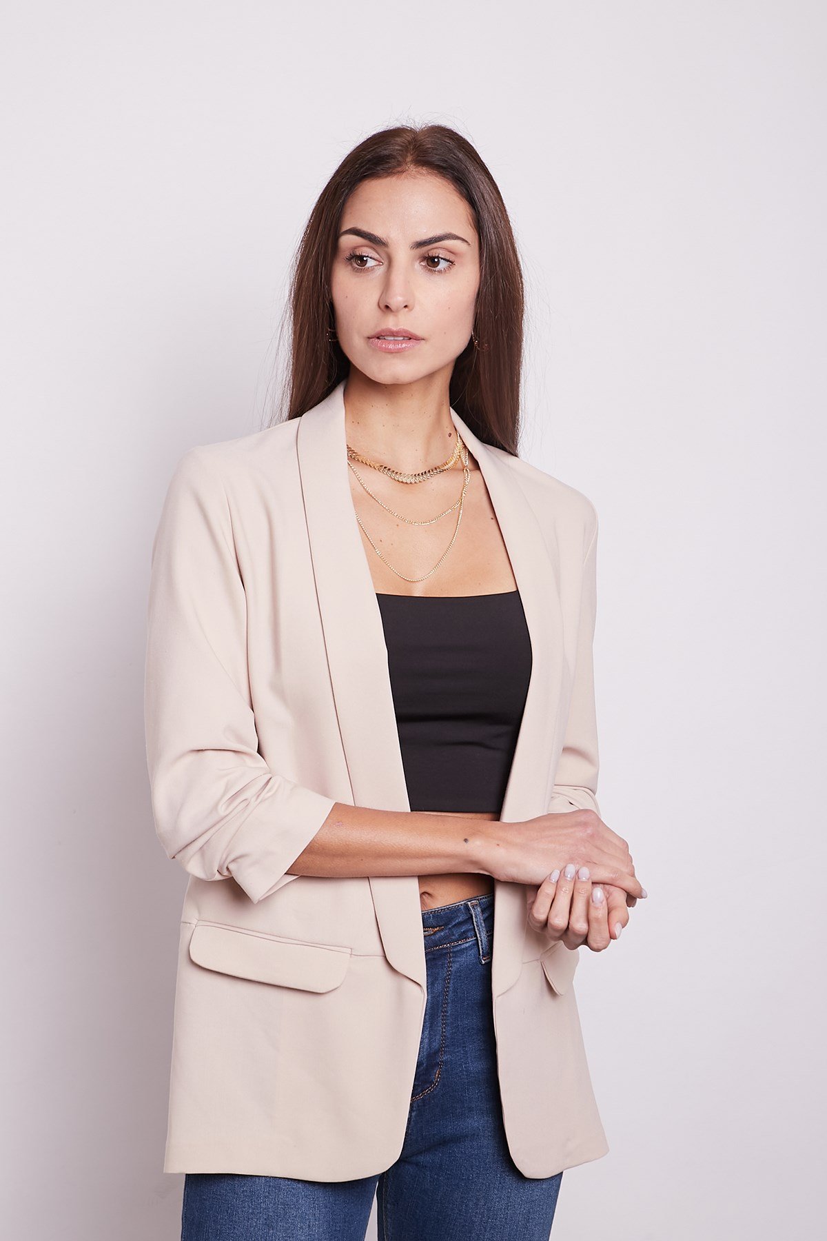 JUMENTkadın şal yaka kolları büzgülü capri kol cep kapaklı boyfriend ceket