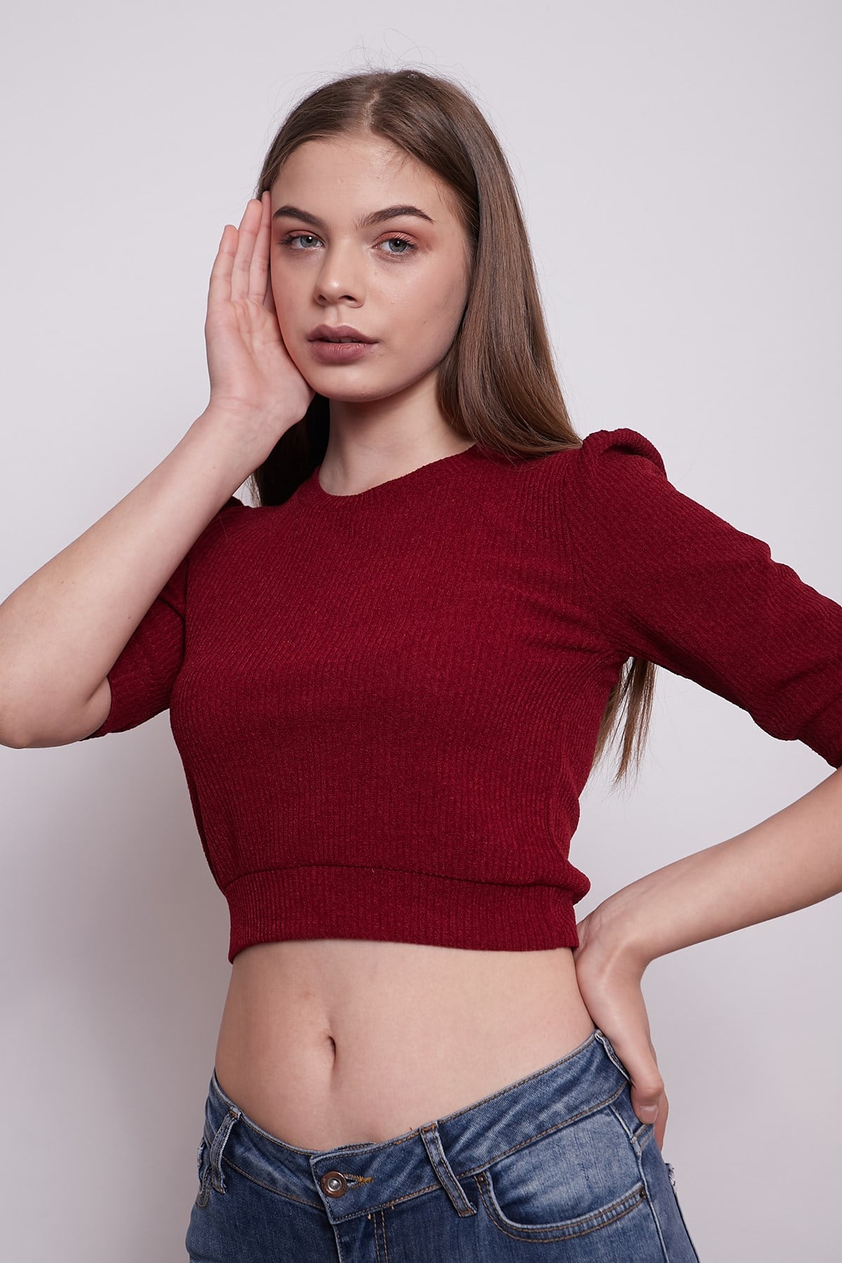 JUMENTKadın Sıfır Yaka Dirsek Üstü Kol Detaylı Şık Simli Crop Top Kısa Triko-Bordo
