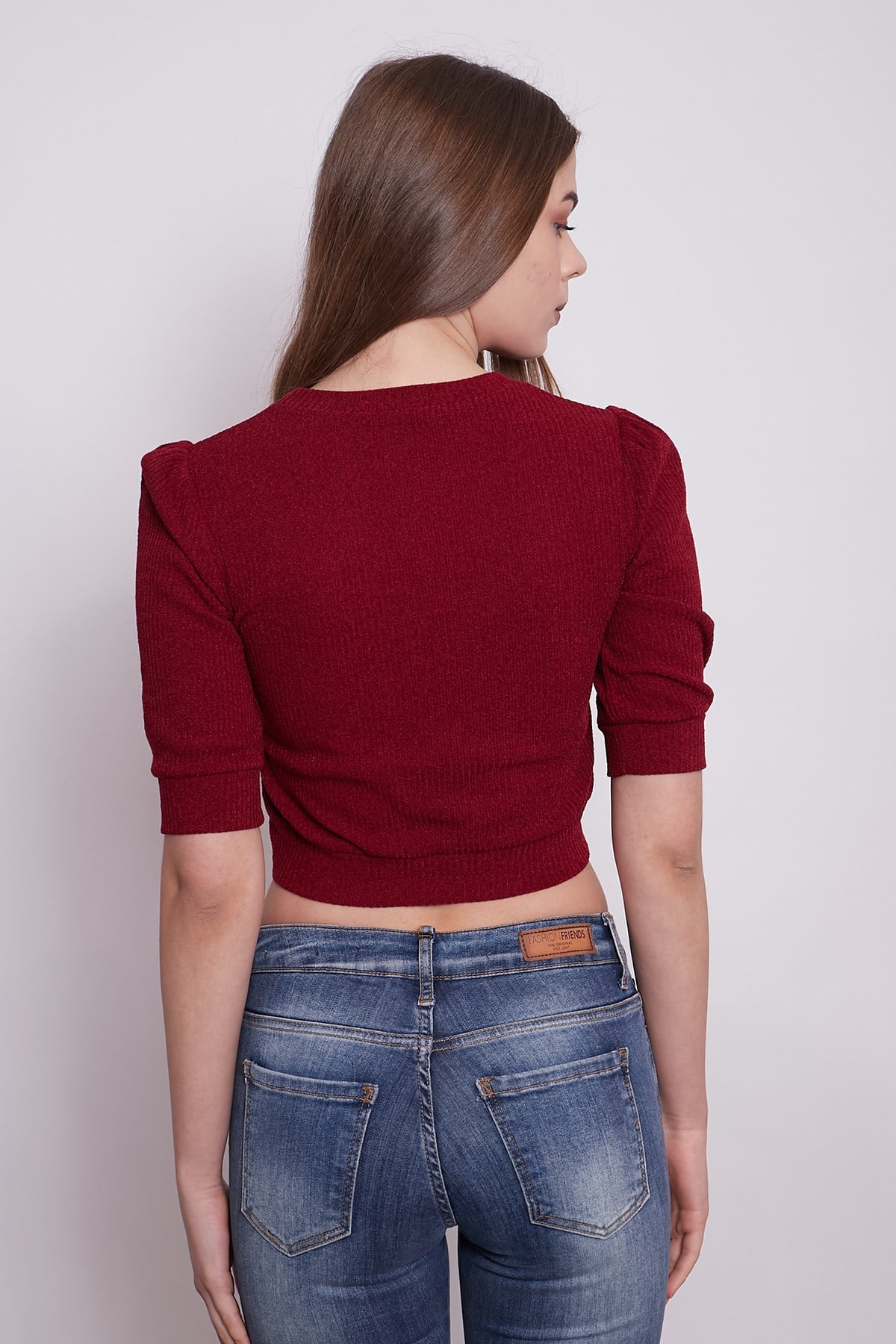 JUMENTKadın Sıfır Yaka Dirsek Üstü Kol Detaylı Şık Simli Crop Top Kısa Triko-Bordo
