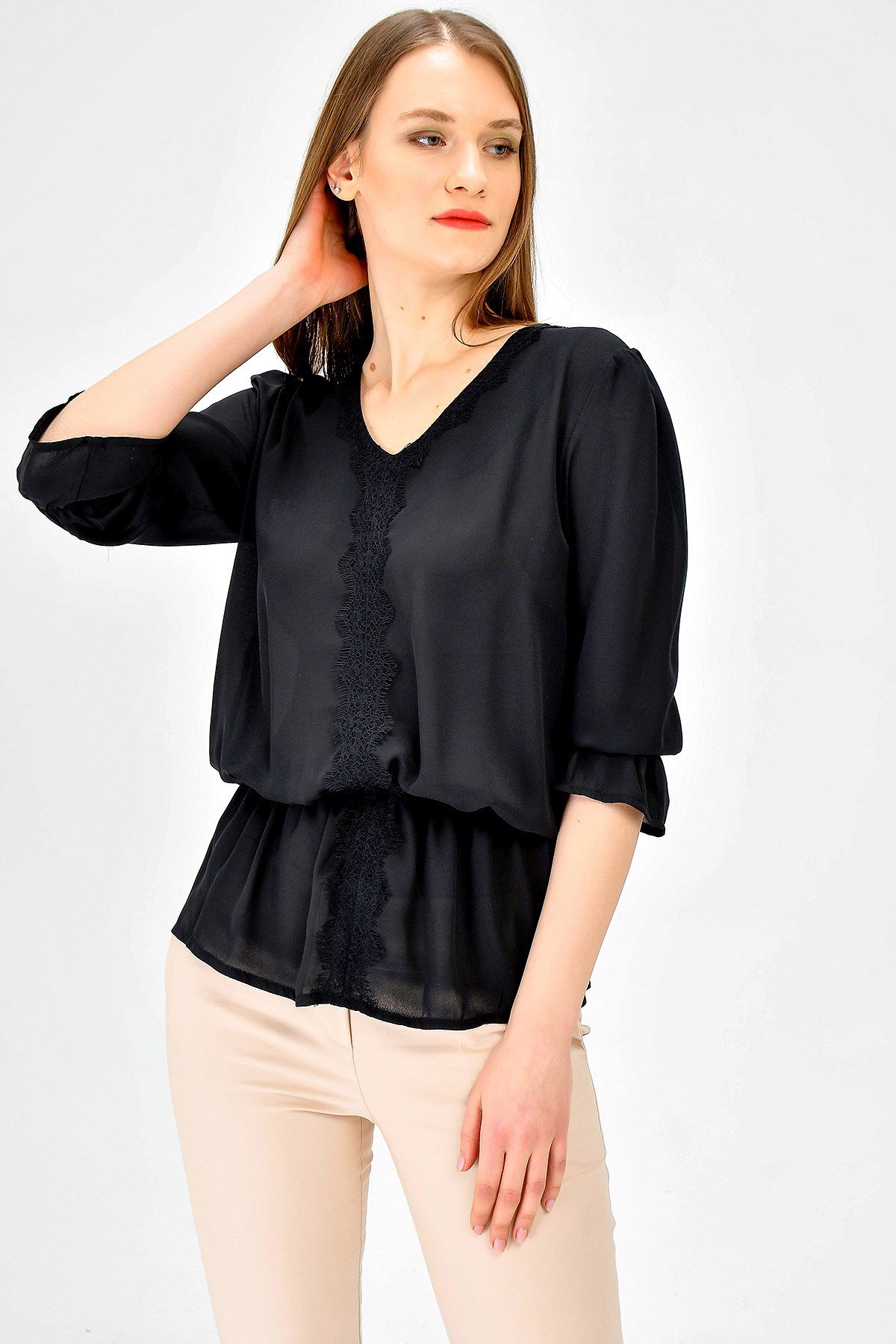 JUMENTKadın V Yaka Dantel Detaylı Capri Kol Tunik Bluz -Siyah