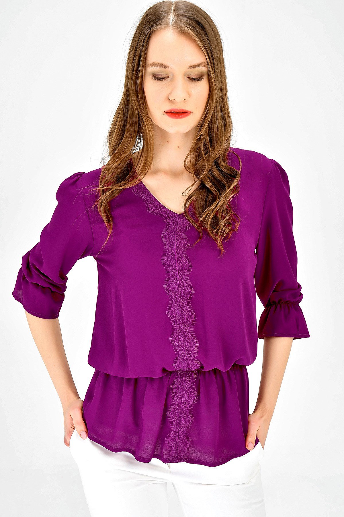 JUMENTKadın V Yaka Dantel Detaylı Capri Kol Tunik Bluz -Magenta