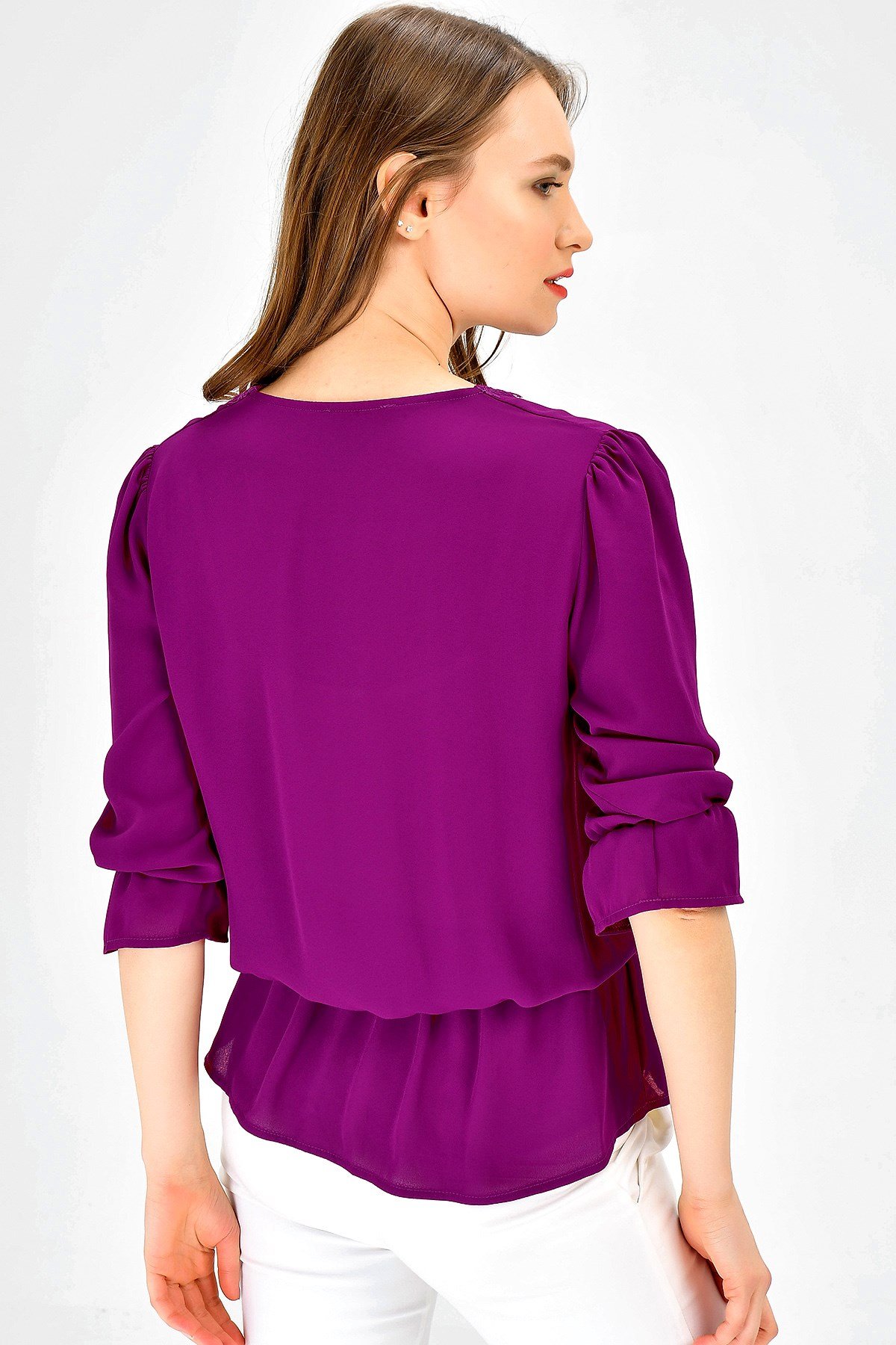 JUMENTKadın V Yaka Dantel Detaylı Capri Kol Tunik Bluz -Magenta