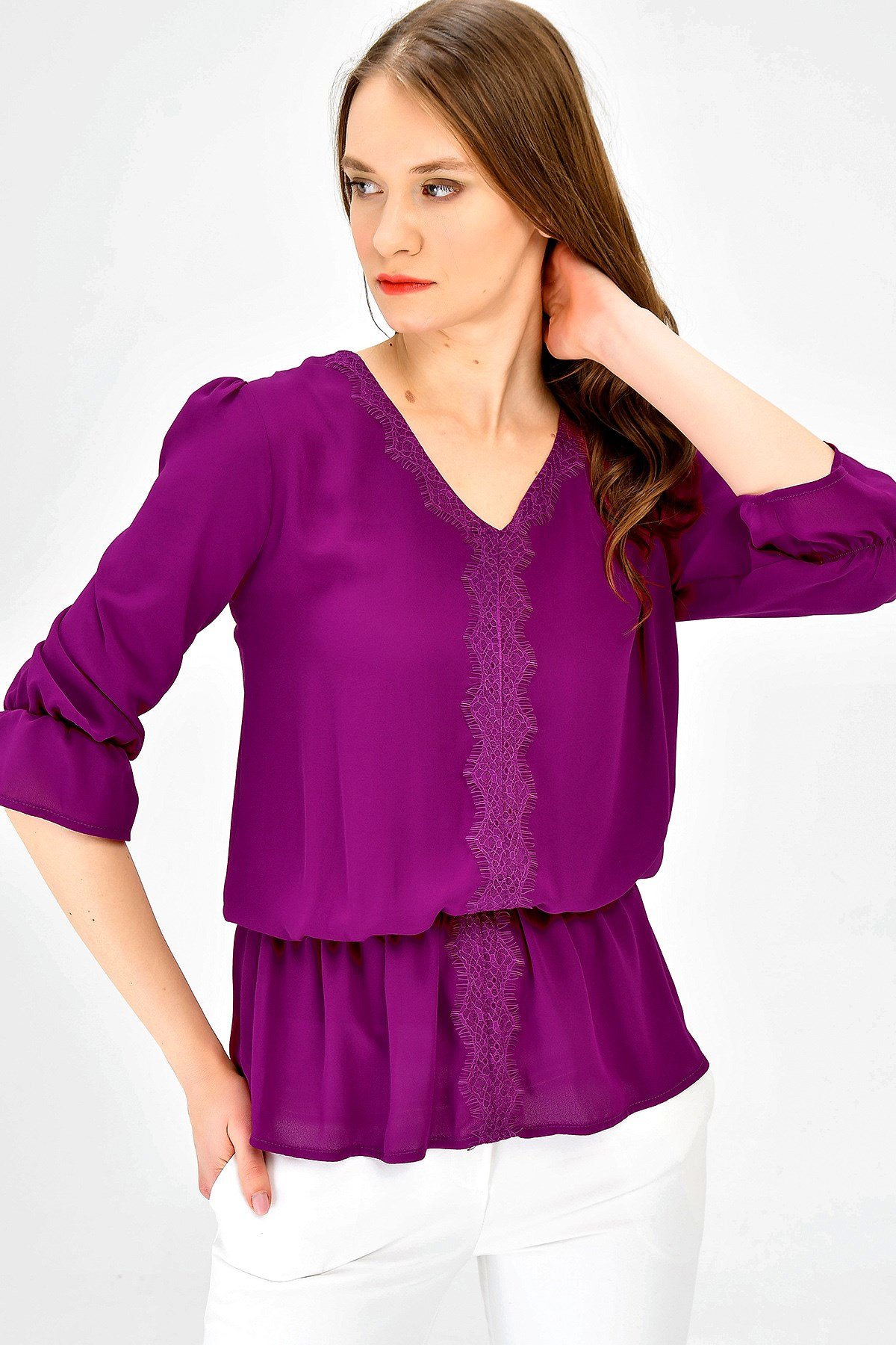 JUMENTKadın V Yaka Dantel Detaylı Capri Kol Tunik Bluz -Magenta
