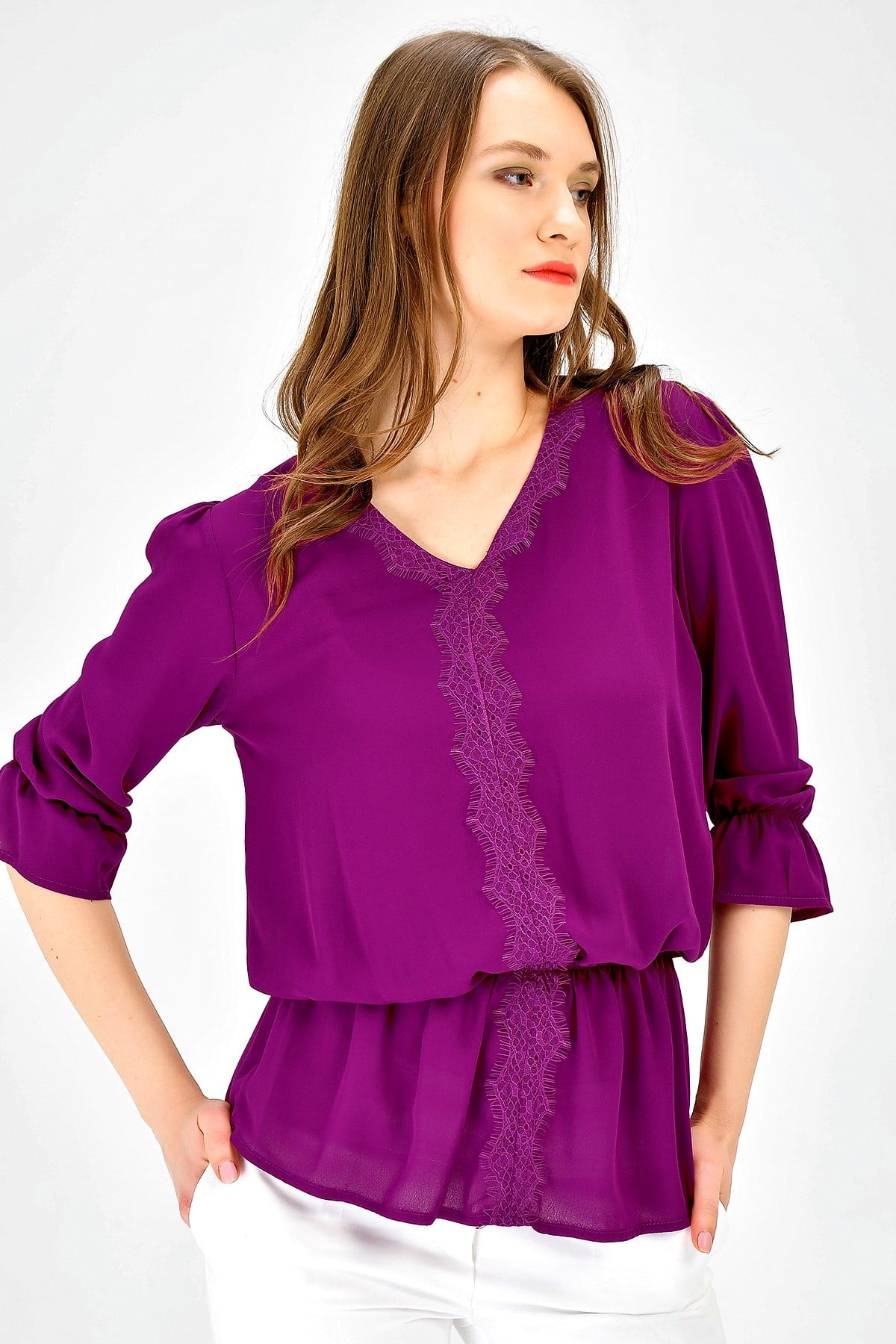 JUMENTKadın V Yaka Dantel Detaylı Capri Kol Tunik Bluz -Magenta