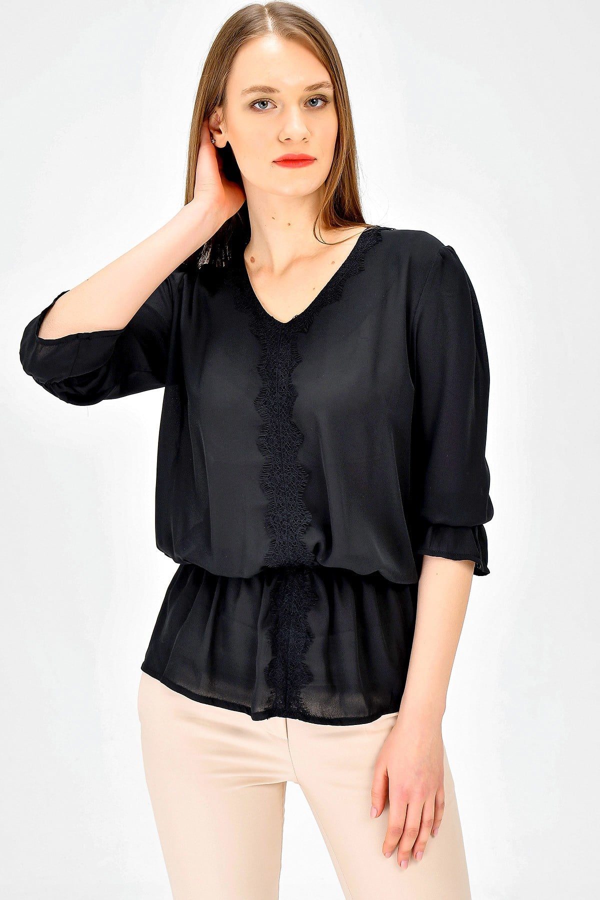JUMENTKadın V Yaka Dantel Detaylı Capri Kol Tunik Bluz -Siyah