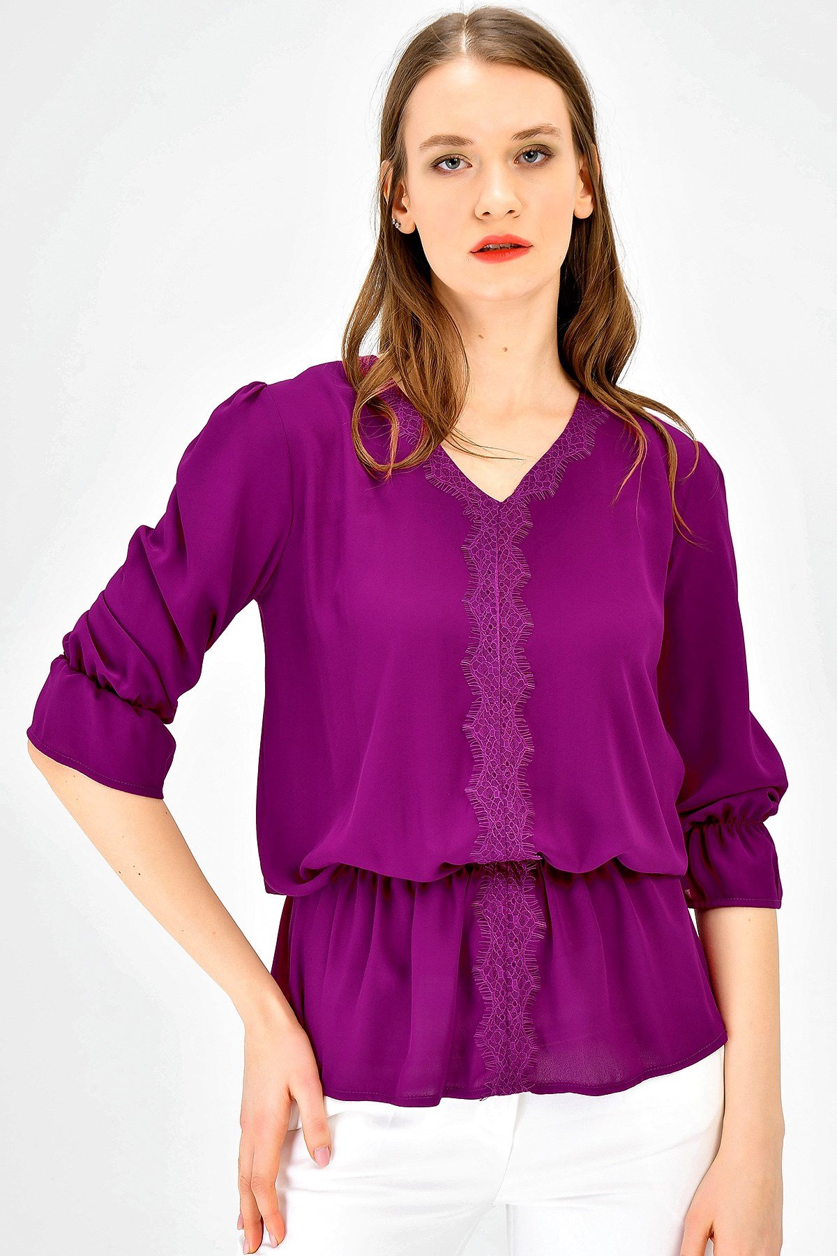 JUMENTKadın V Yaka Dantel Detaylı Capri Kol Tunik Bluz -Magenta
