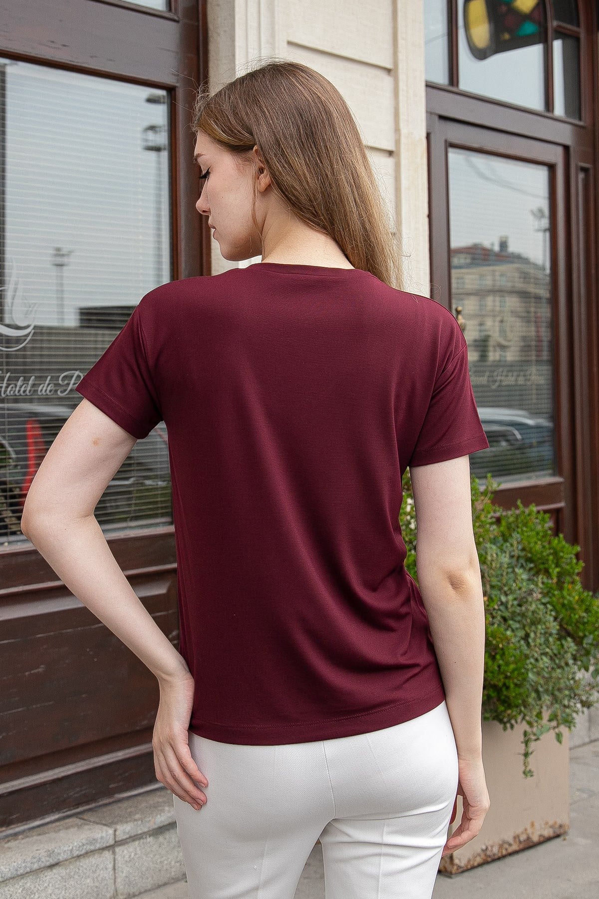 JUMENTKadın V Yaka Kısa Kol Likralı Span Kumaş Şık T-shirt Bluz-Bordo 