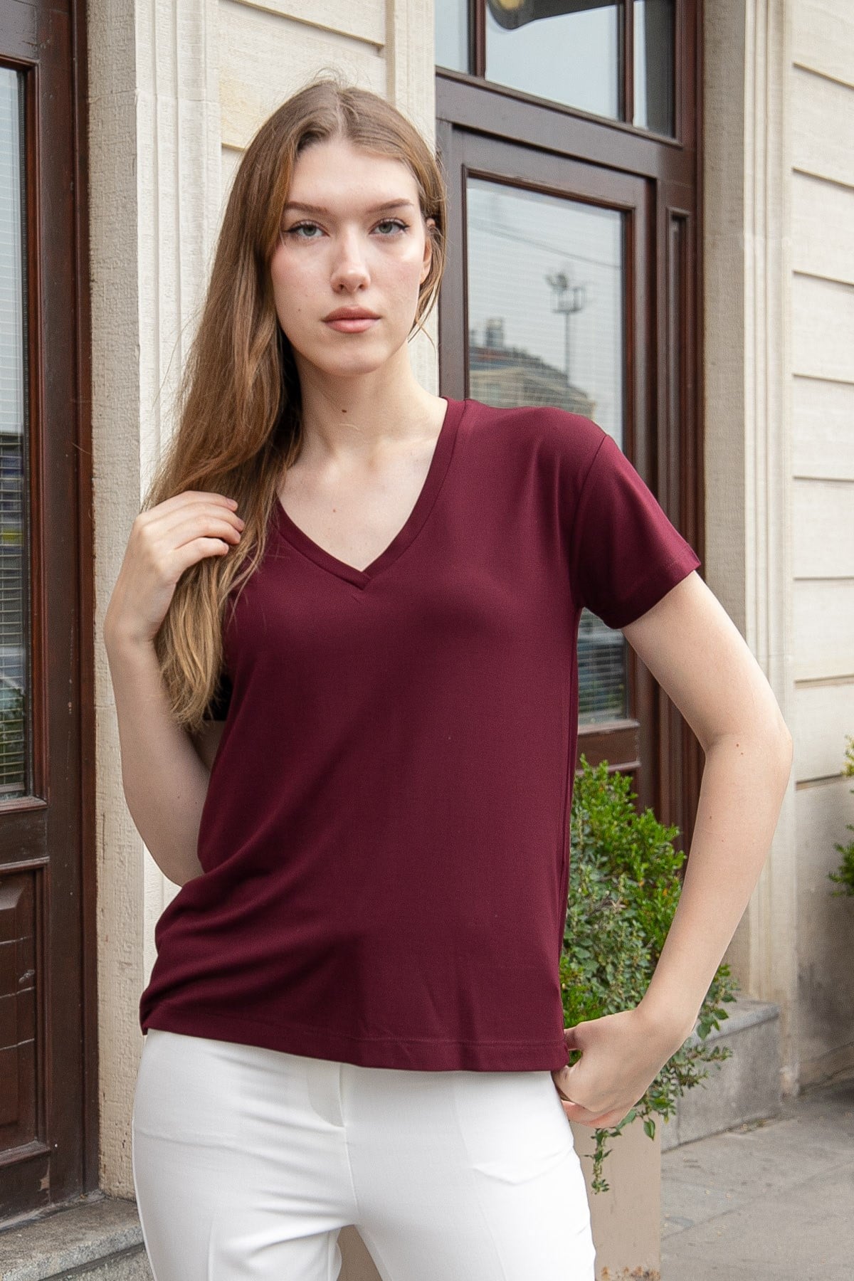 JUMENTKadın V Yaka Kısa Kol Likralı Span Kumaş Şık T-shirt Bluz-Bordo 