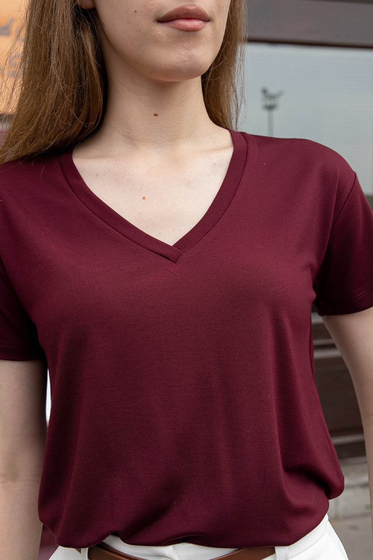 JUMENTKadın V Yaka Kısa Kol Likralı Span Kumaş Şık T-shirt Bluz-Bordo 