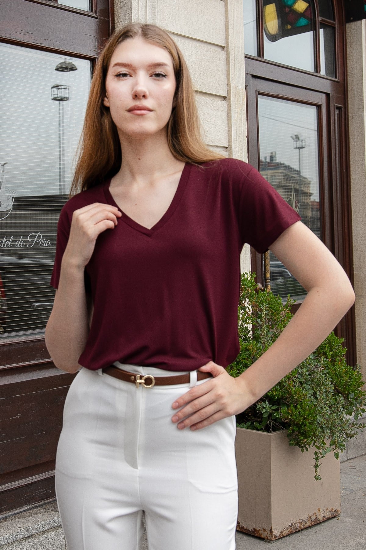 JUMENTKadın V Yaka Kısa Kol Likralı Span Kumaş Şık T-shirt Bluz-Bordo 