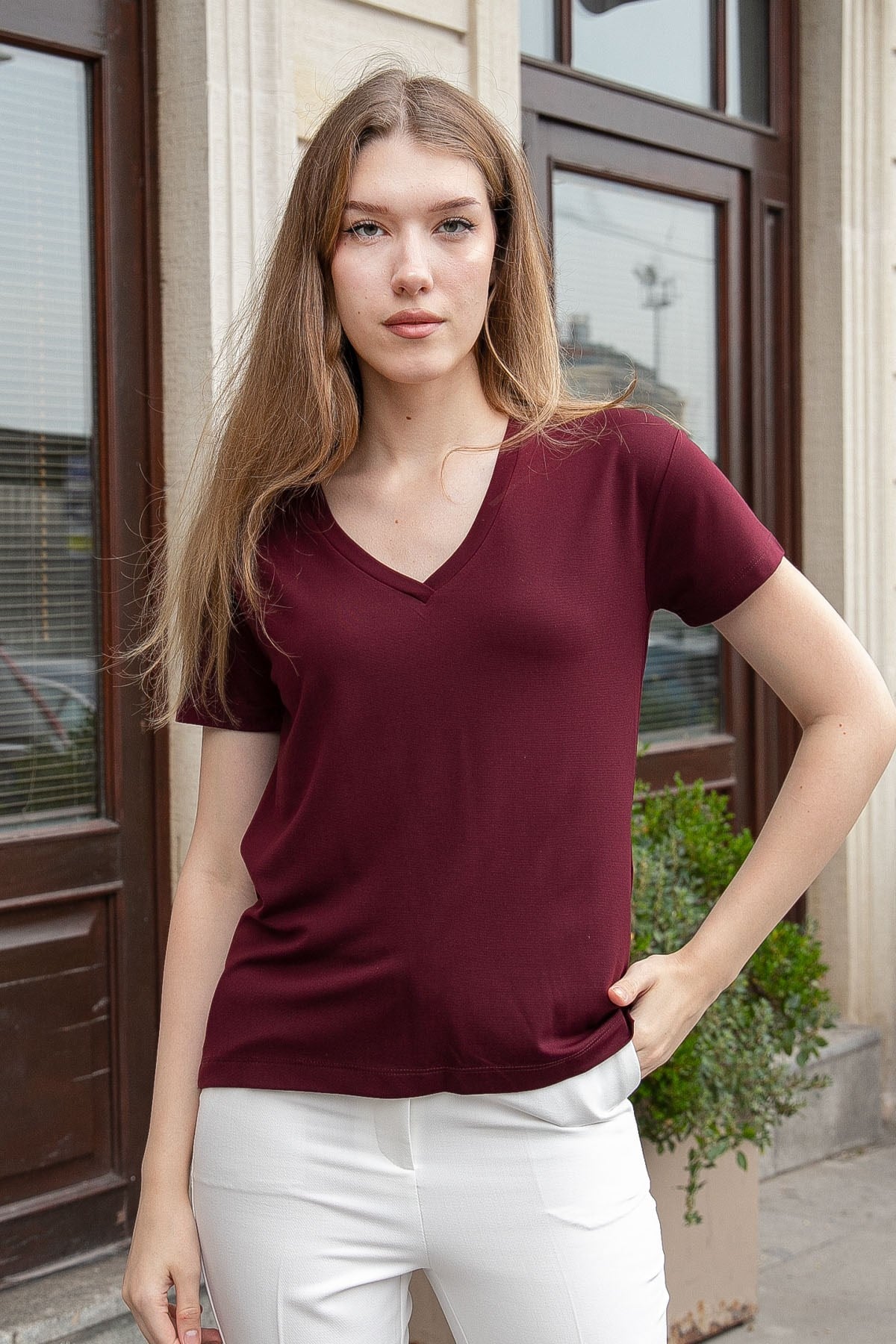 JUMENTKadın V Yaka Kısa Kol Likralı Span Kumaş Şık T-shirt Bluz-Bordo 